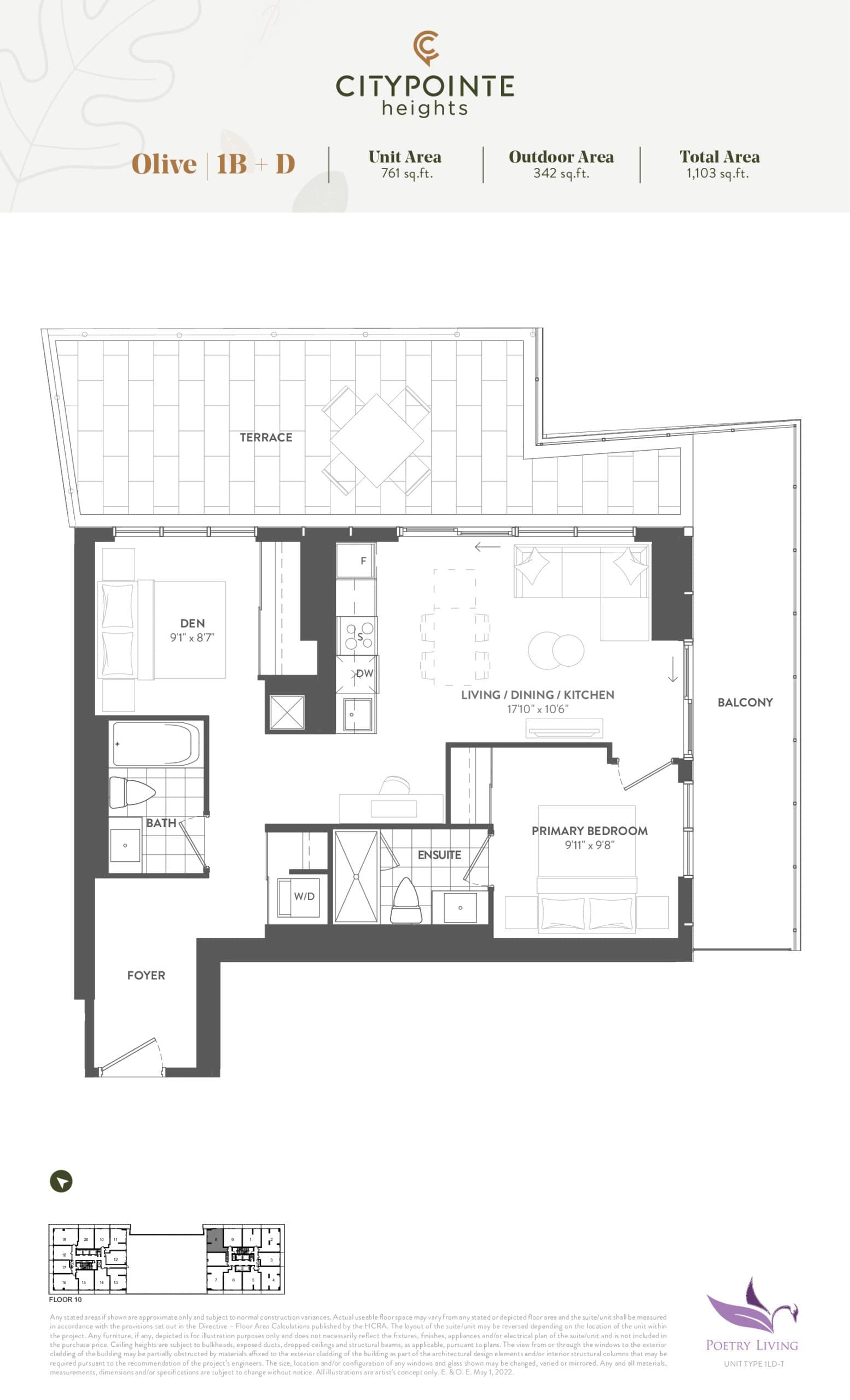 Olive (Terrace) Floor Plan at CityPointe Heights Condos - 761 sq.ft