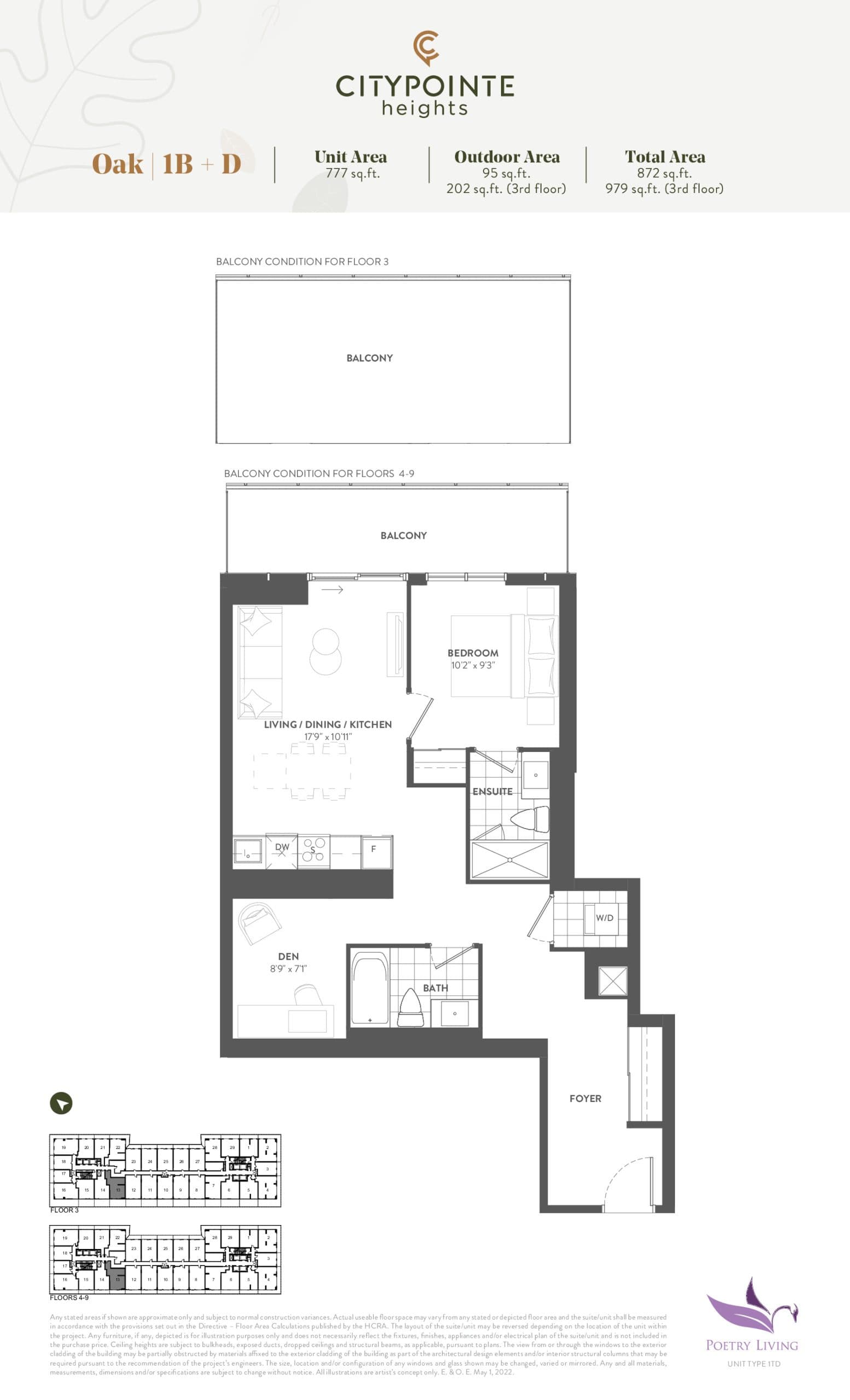 Oak (Balcony) Floor Plan at CityPointe Heights Condos - 777 sq.ft