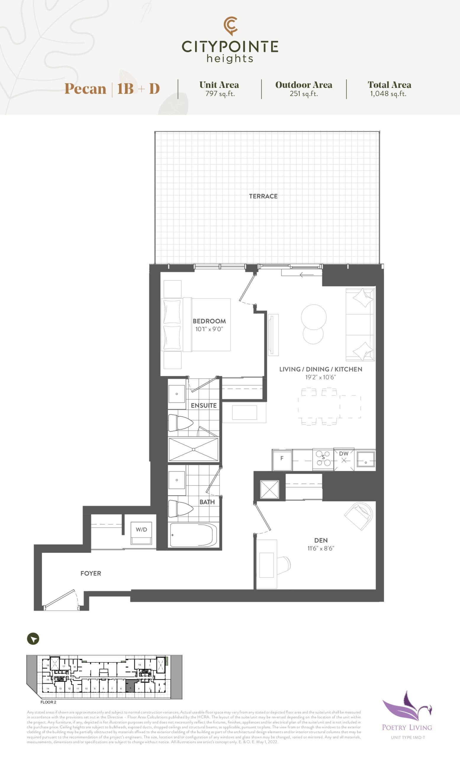 Pecan (Terrace) Floor Plan at CityPointe Heights Condos - 797 sq.ft