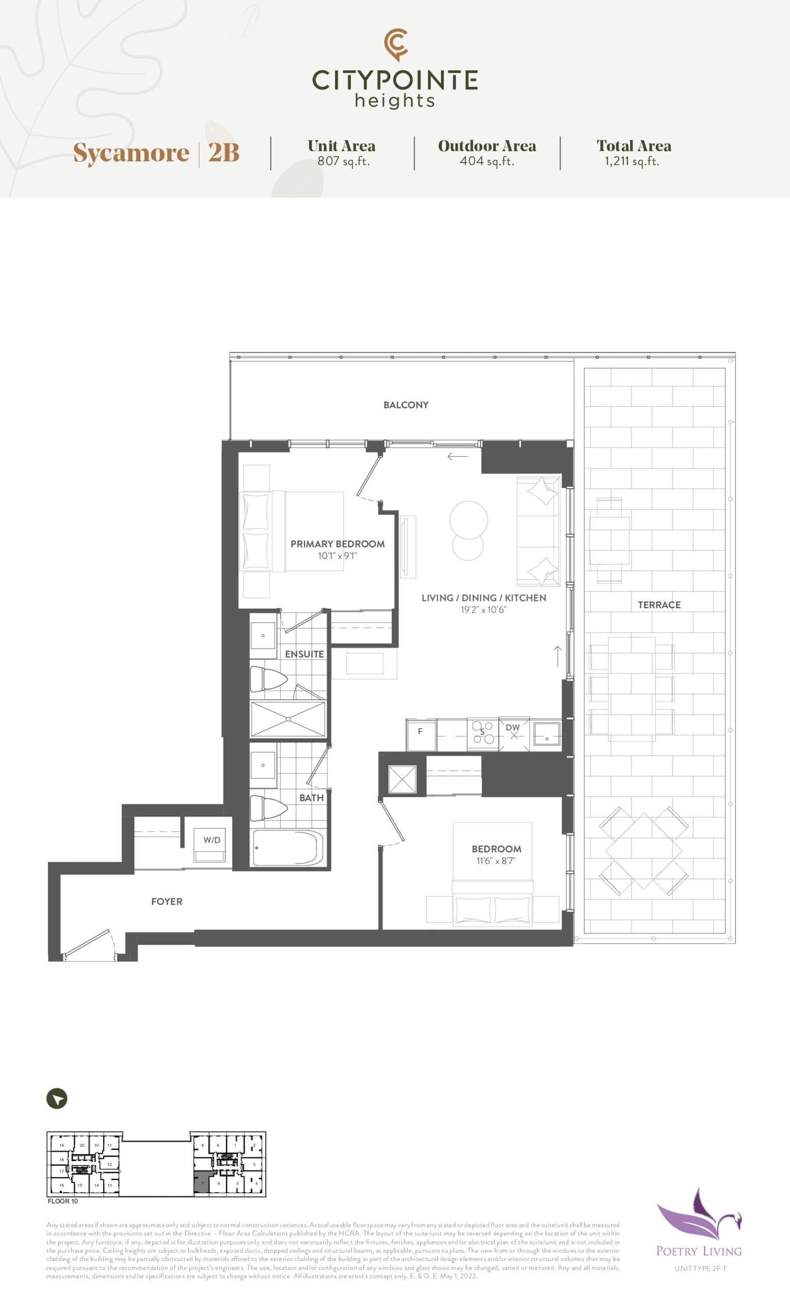 Sycamore (Terrace) Floor Plan at CityPointe Heights Condos - 807 sq.ft