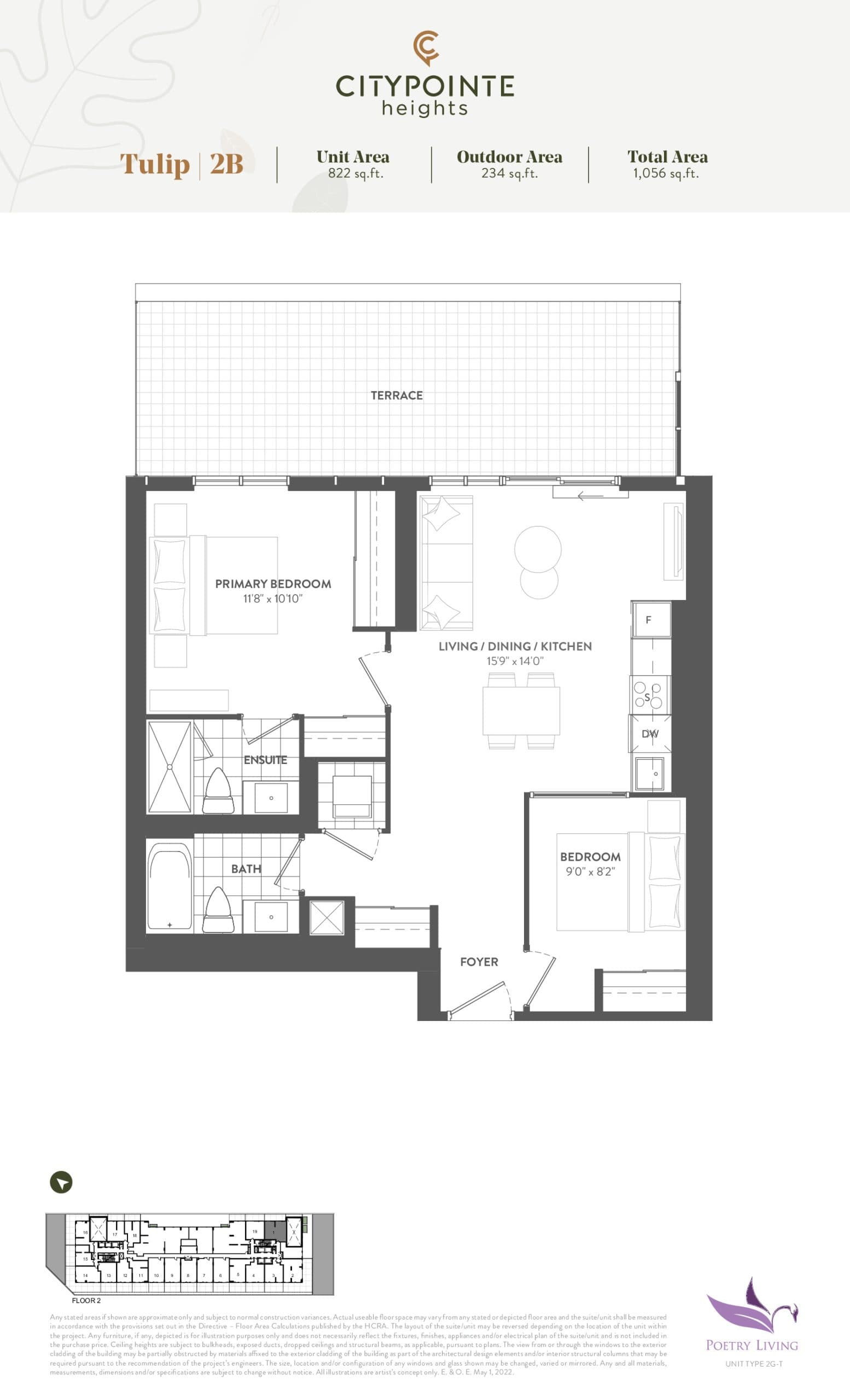 Tulip Floor Plan at CityPointe Heights Condos - 822 sq.ft