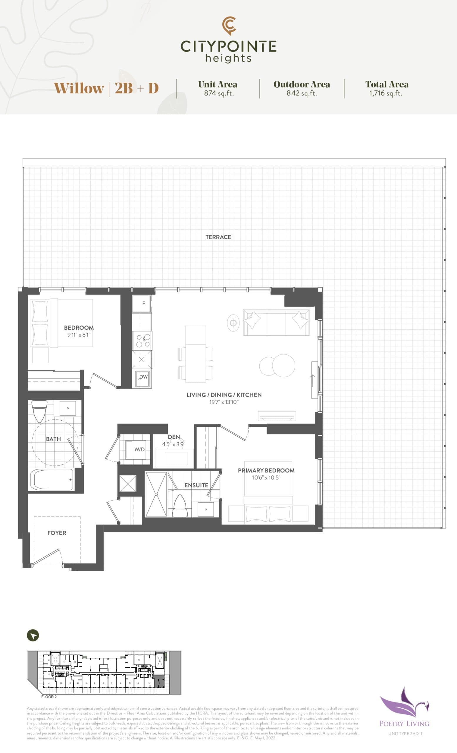 Willow (Terrace) Floor Plan at CityPointe Heights Condos - 874 sq.ft