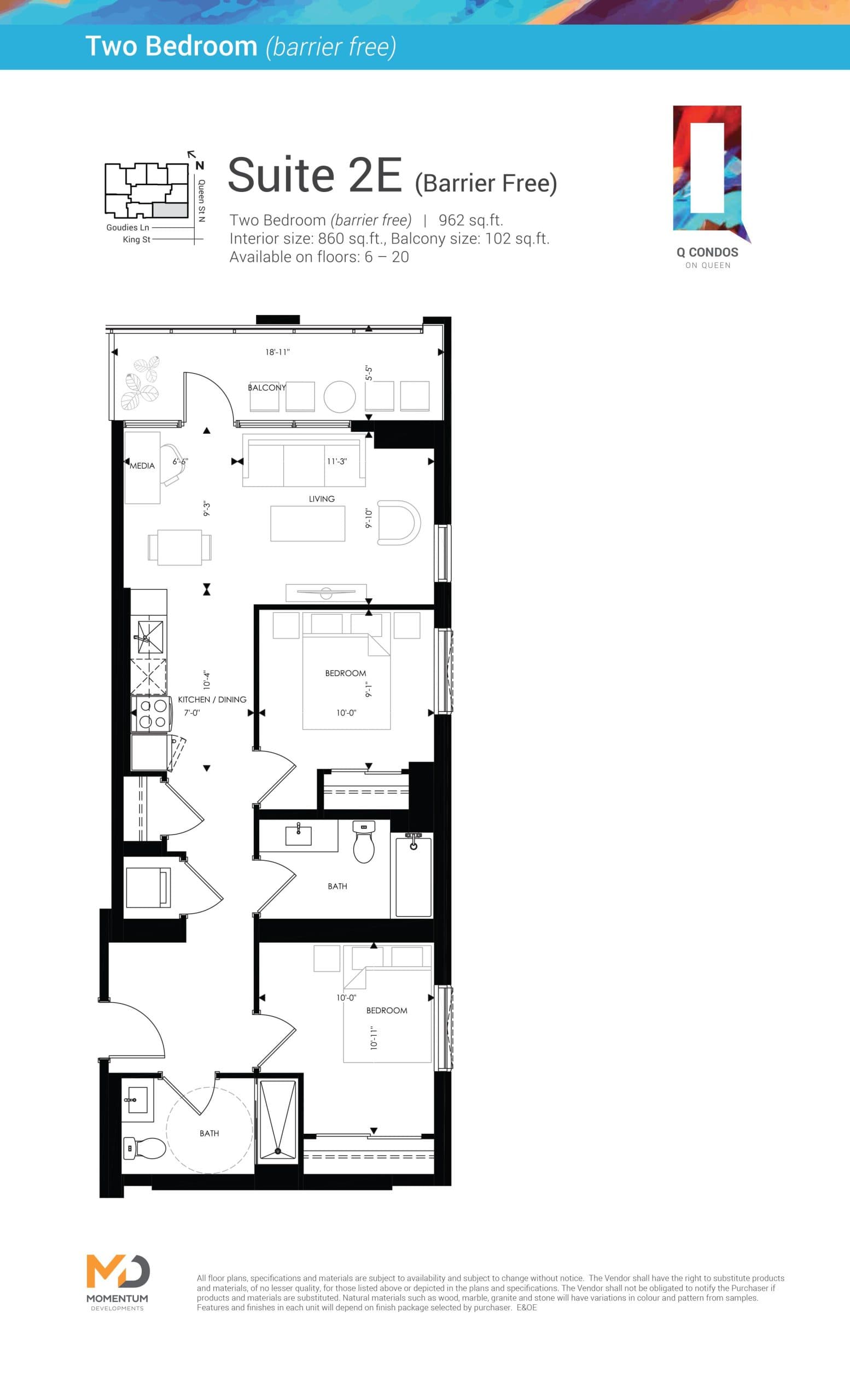 Suite 2E Floor Plan at Q Condos - 861 sq.ft