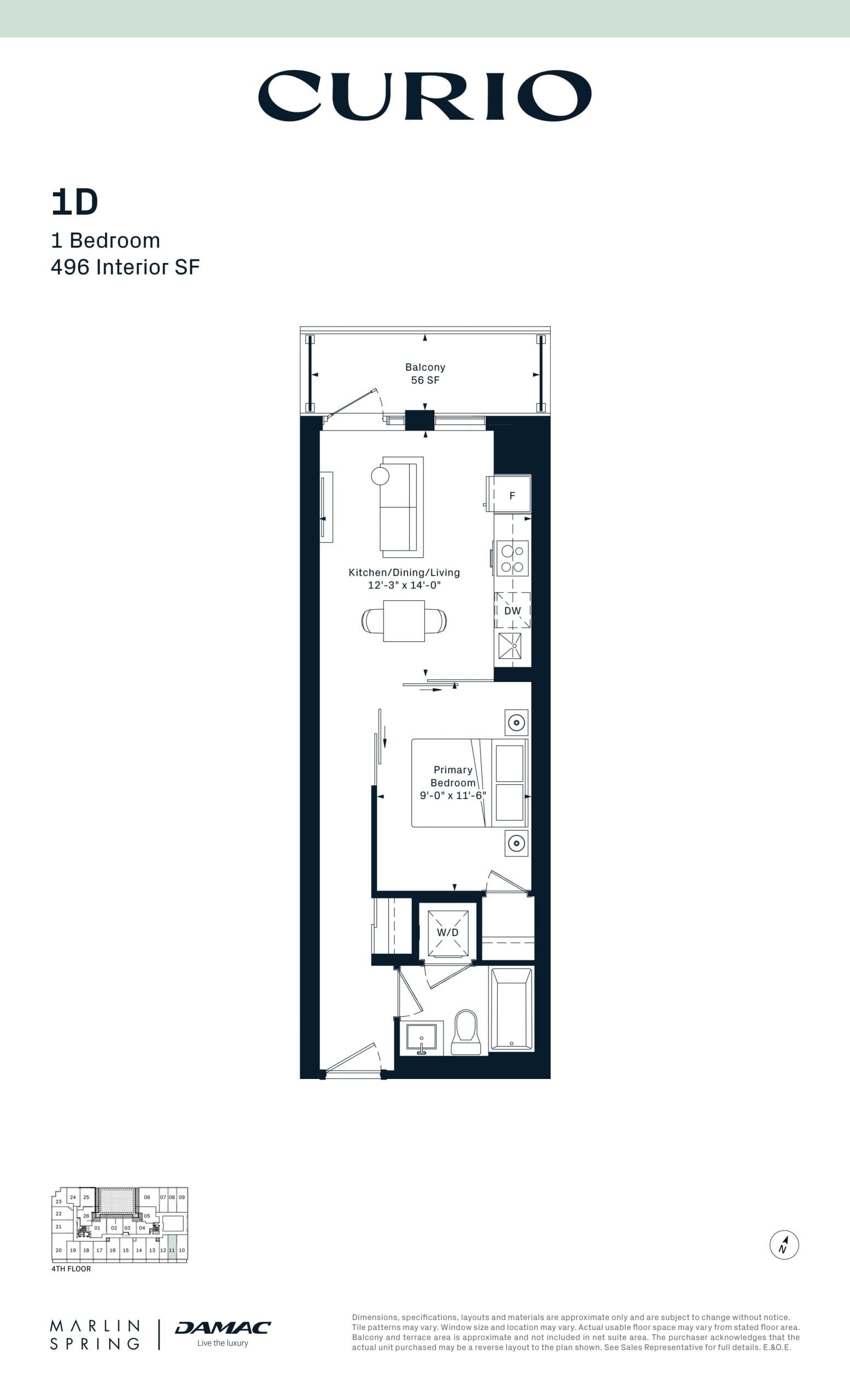 1D Floor Plan at Curio Condos - 496 sq.ft
