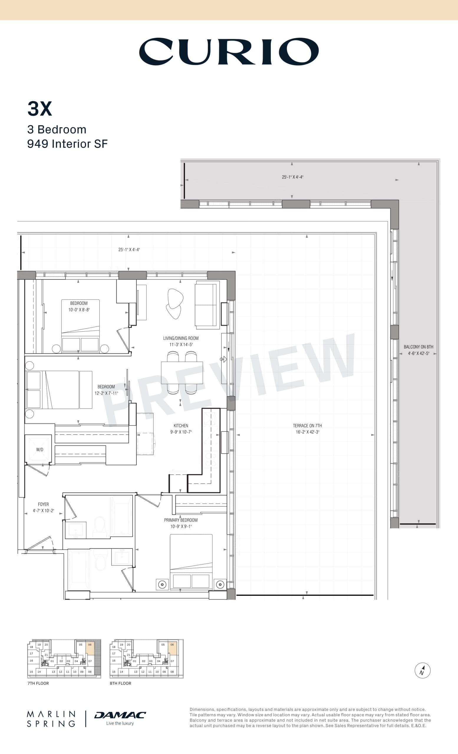 3X Floor Plan at Curio Condos - 949 sq.ft