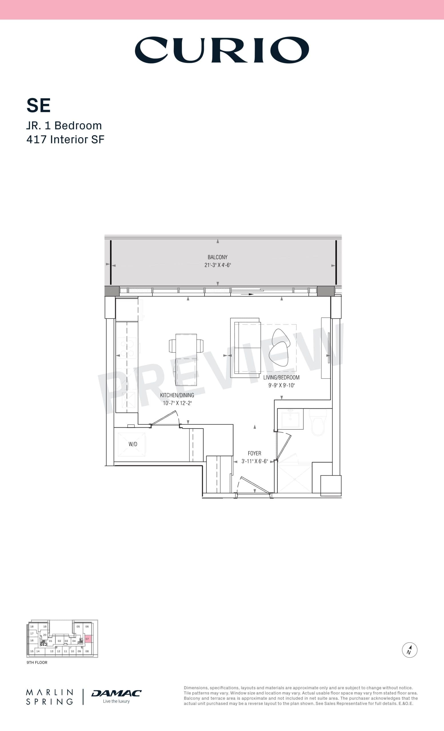 SE Floor Plan at Curio Condos - 417 sq.ft