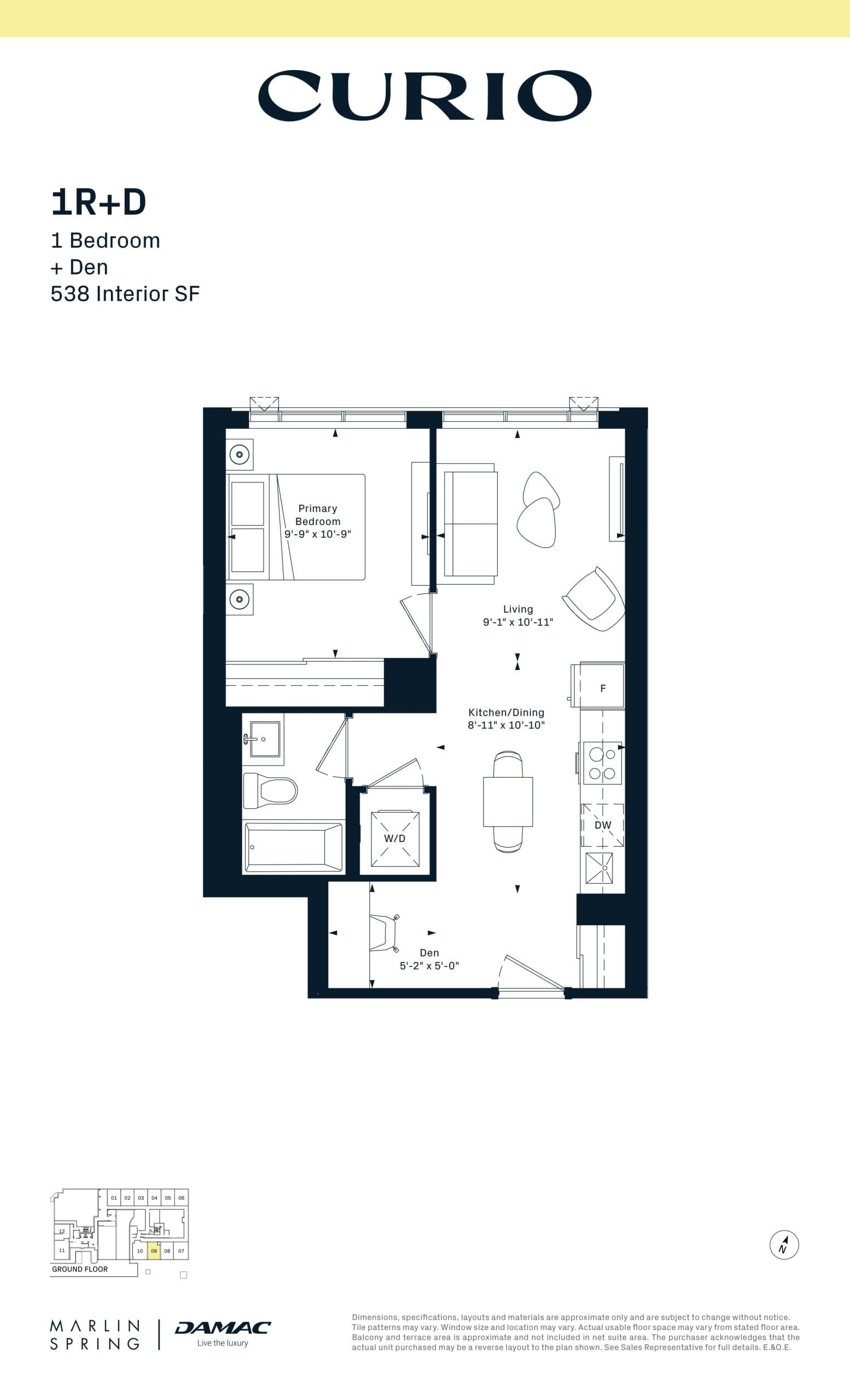 1R+D Floor Plan at Curio Condos - 538 sq.ft