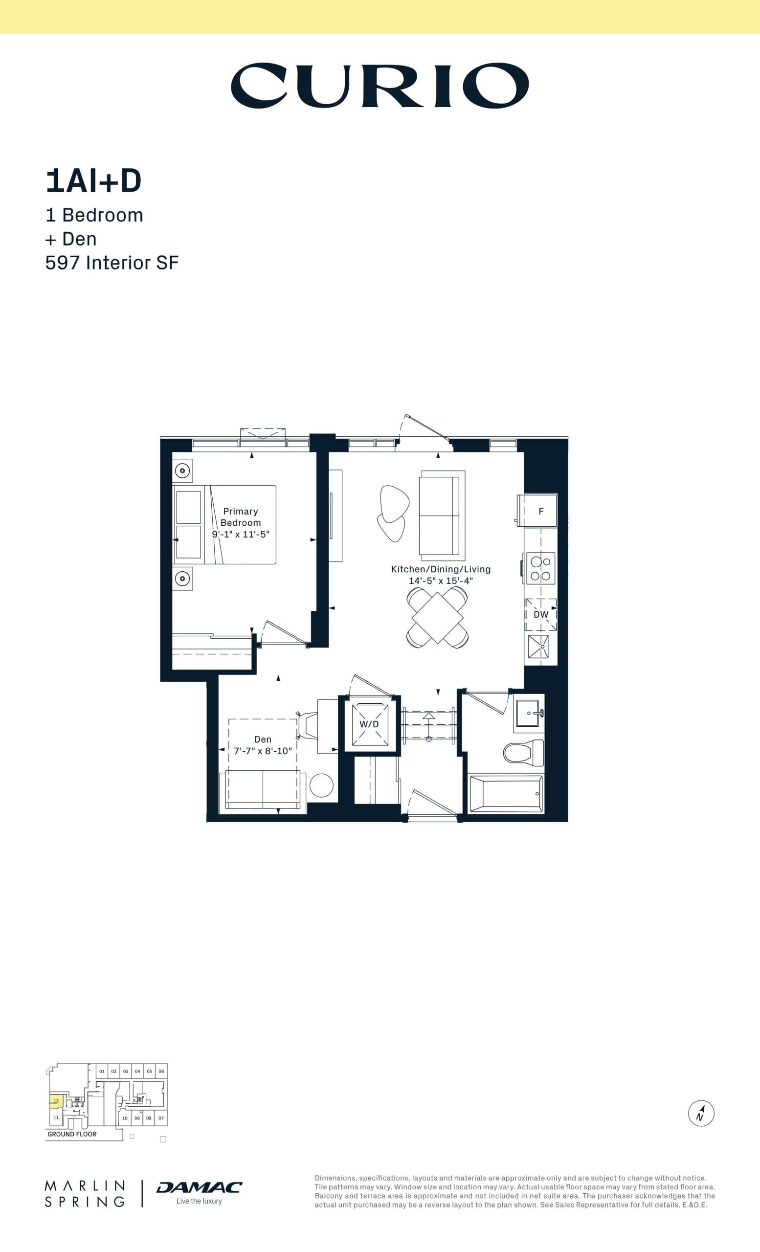 1AI+D Floor Plan at Curio Condos - 597 sq.ft