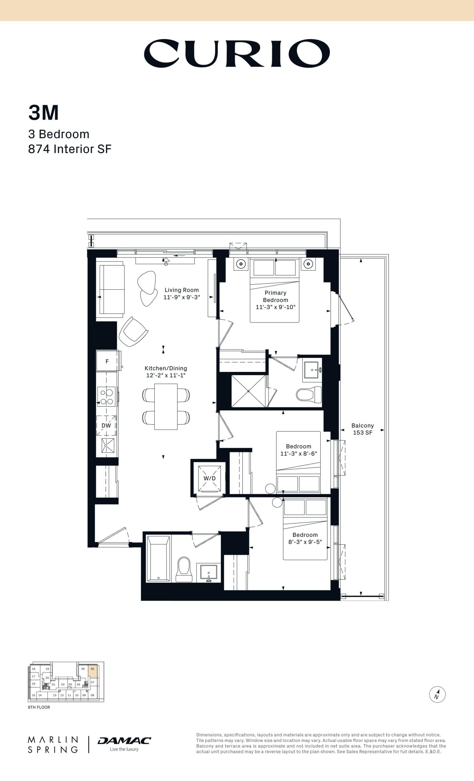 3M Floor Plan at Curio Condos - 874 sq.ft