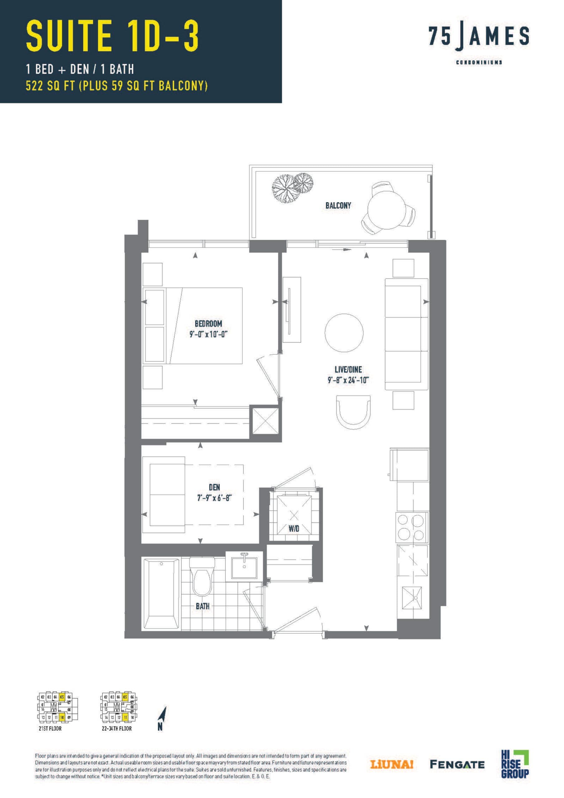 Suite 1D-3 Floor Plan at 75 James Condos - 522 sq.ft