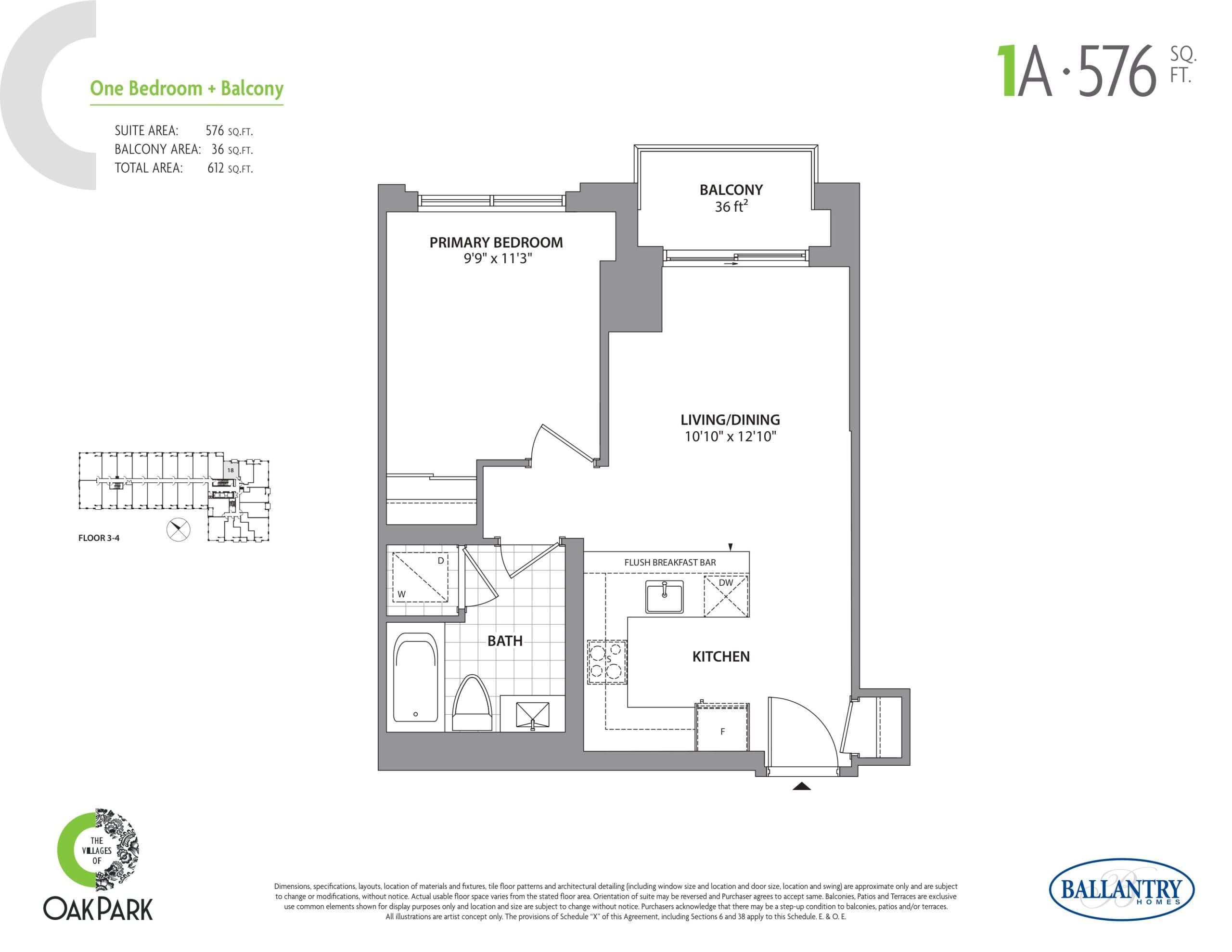 1A Floor Plan at The Villages of Oak Park Condos - 576 sq.ft