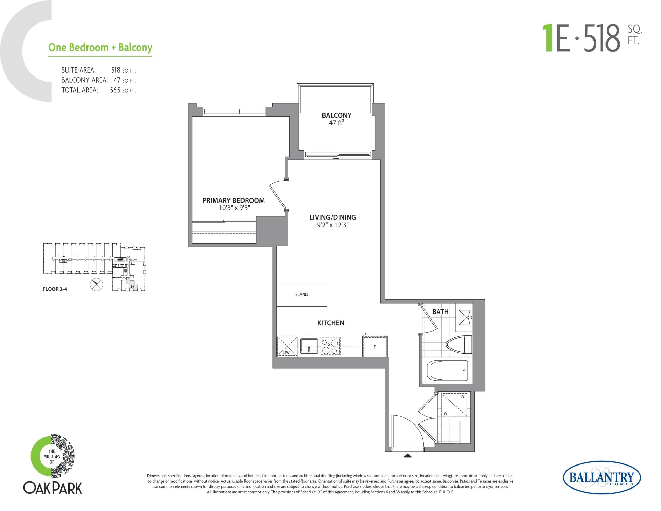 1E Floor Plan at The Villages of Oak Park Condos - 518 sq.ft
