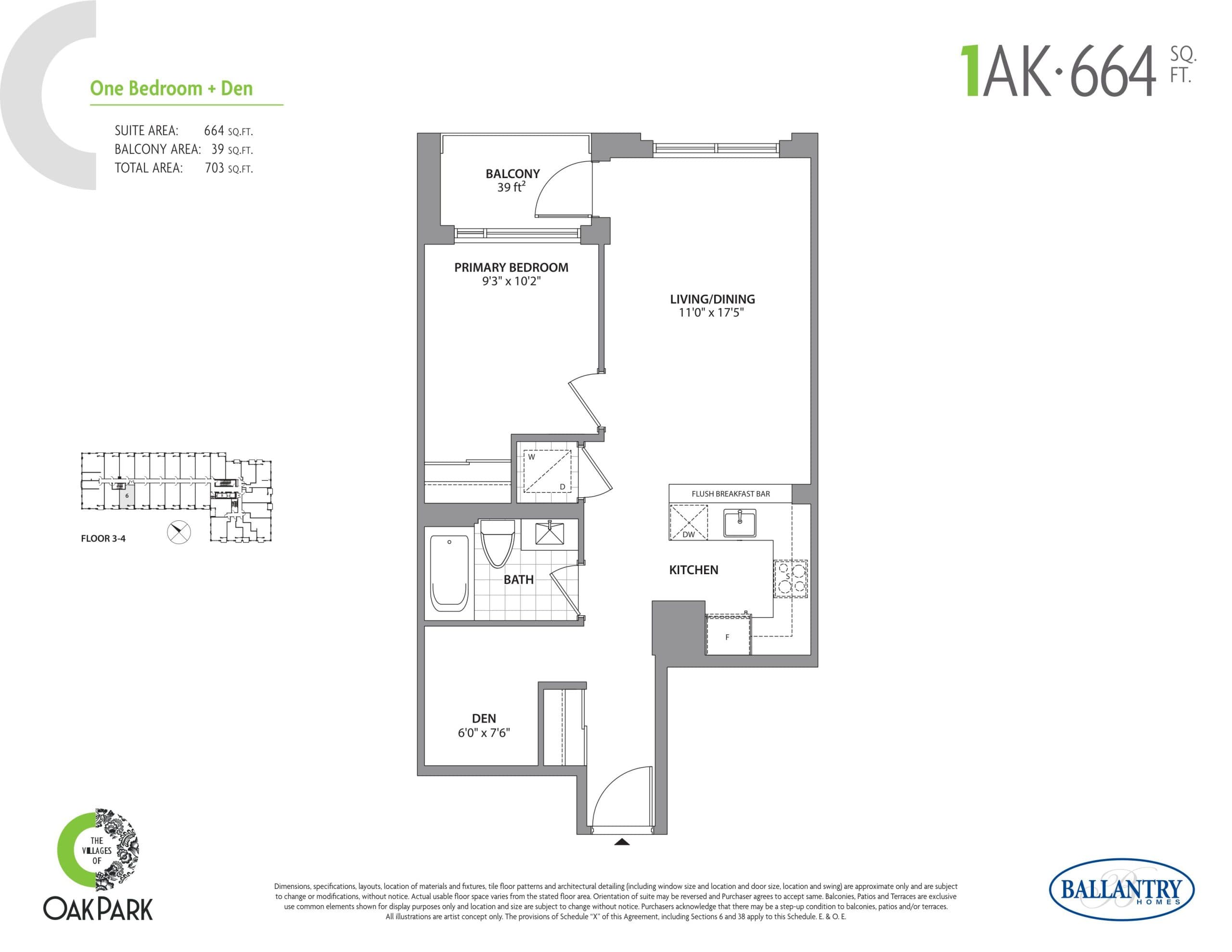 1AK Floor Plan at The Villages of Oak Park Condos - 664 sq.ft