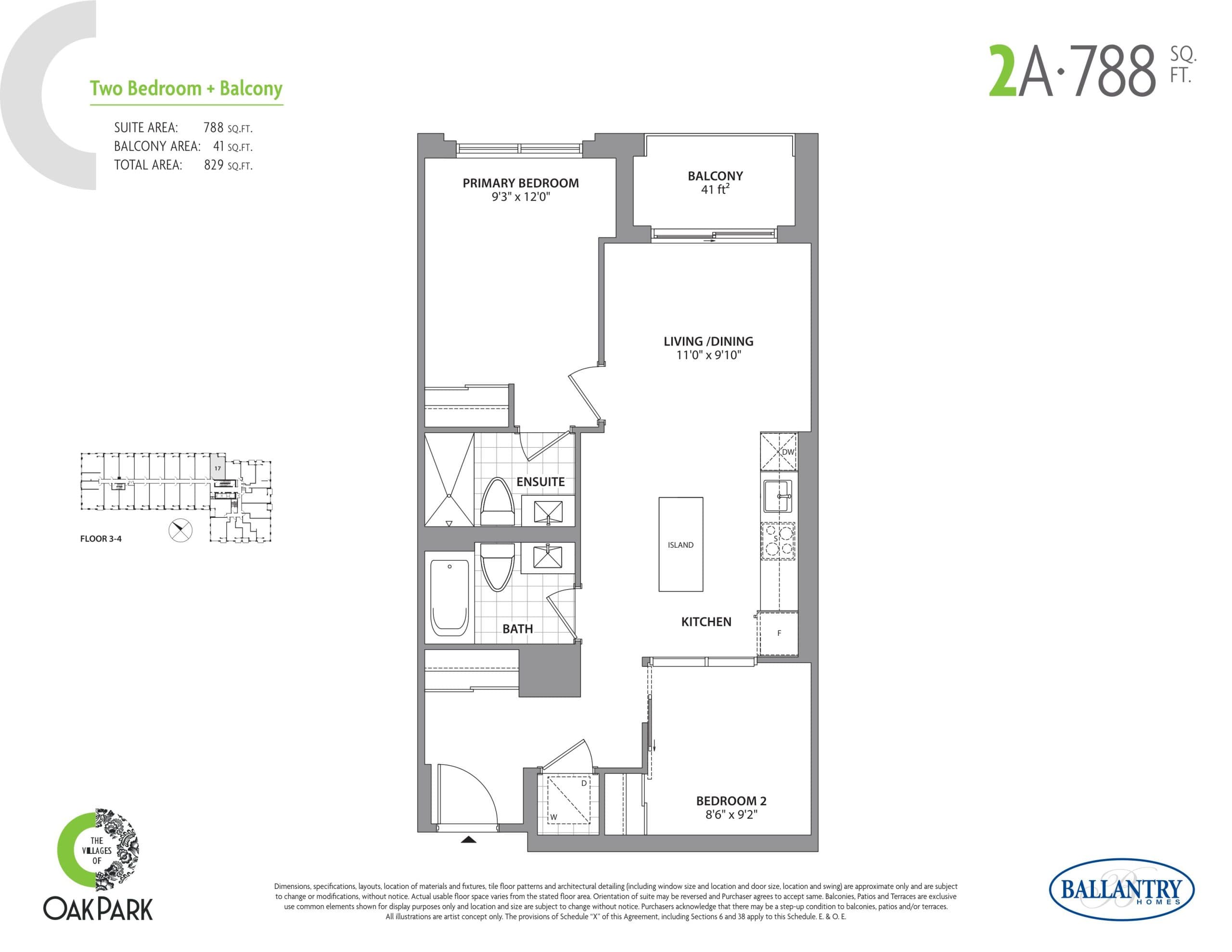 2A Floor Plan at The Villages of Oak Park Condos - 788 sq.ft