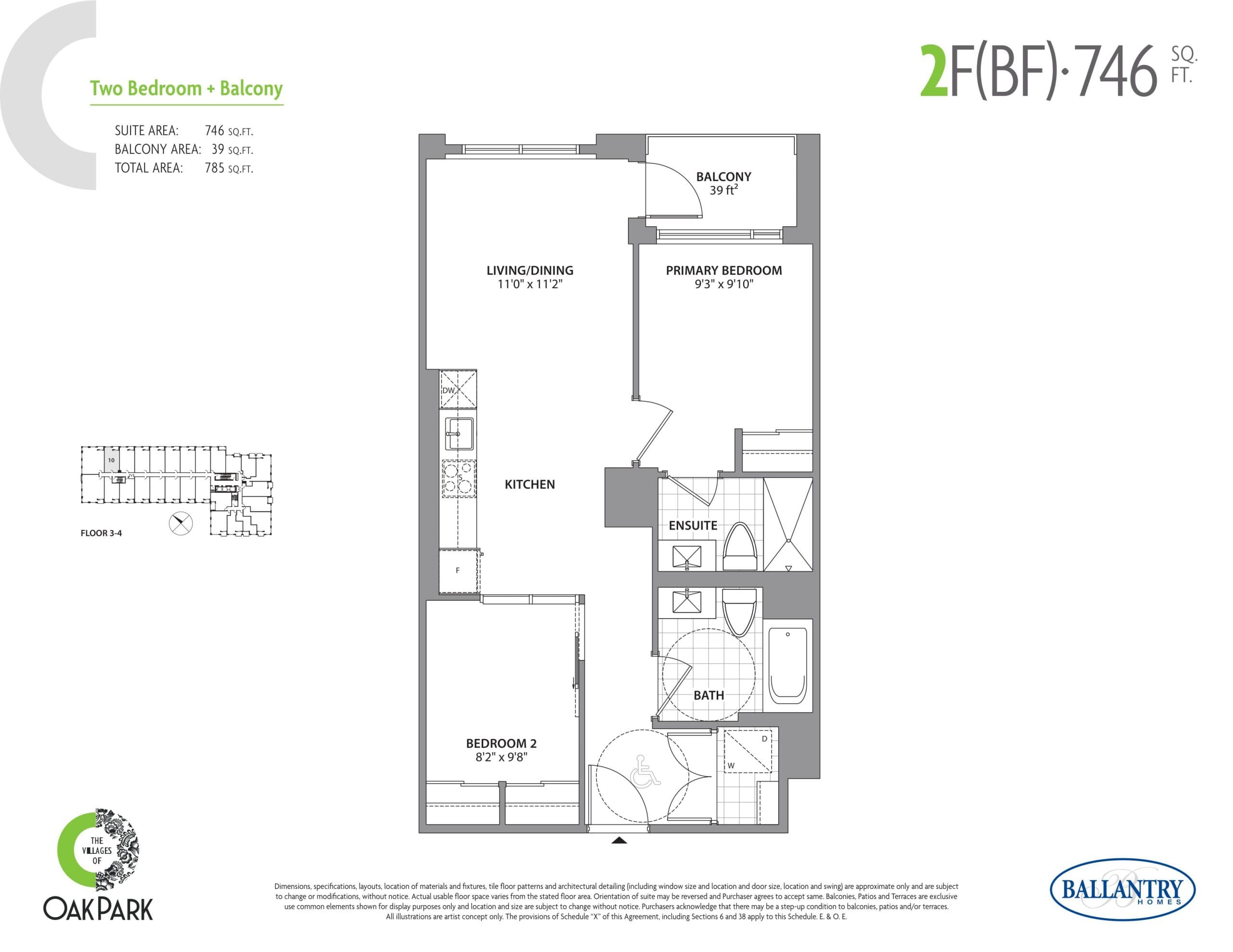 2F (BF) Floor Plan at The Villages of Oak Park Condos - 746 sq.ft