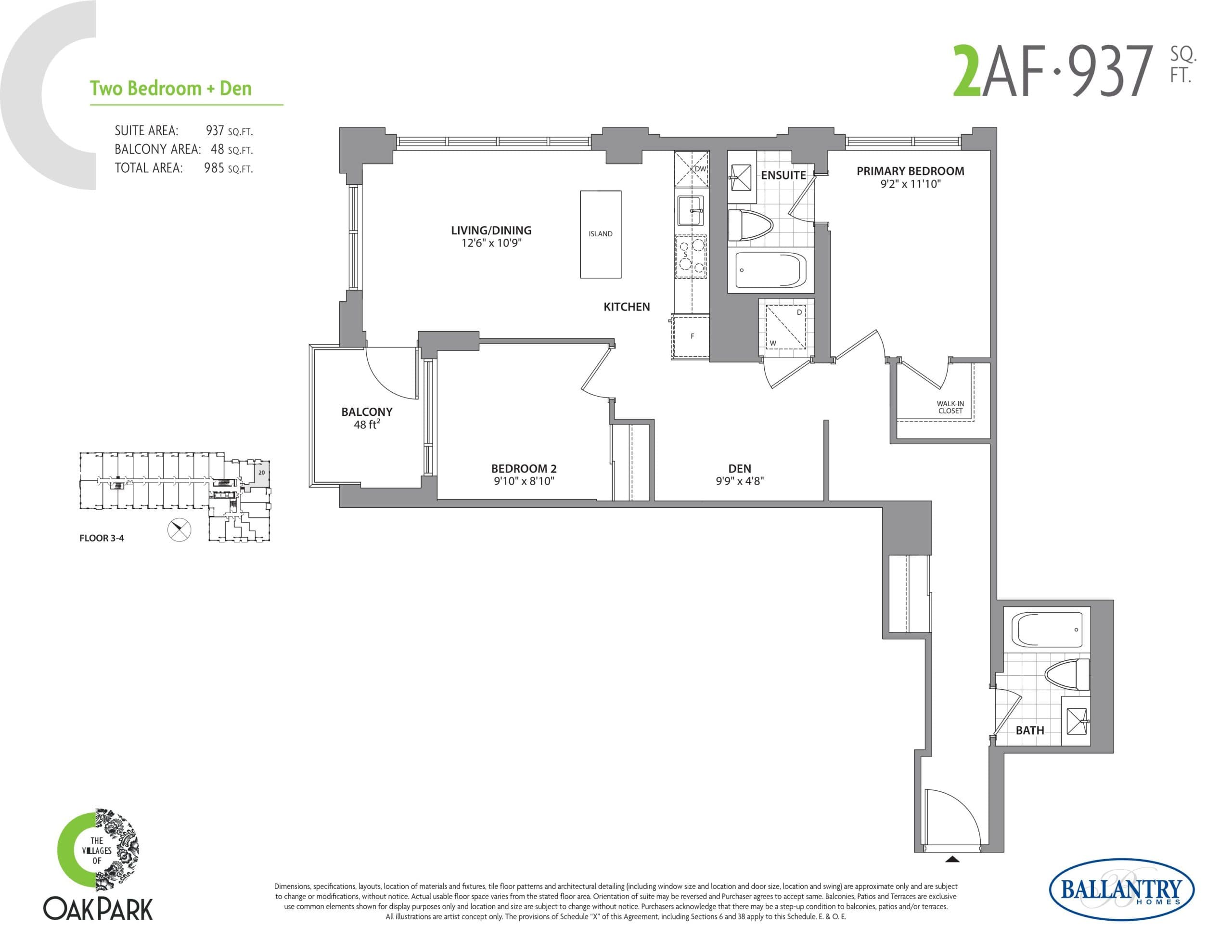 2AF Floor Plan at The Villages of Oak Park Condos - 937 sq.ft