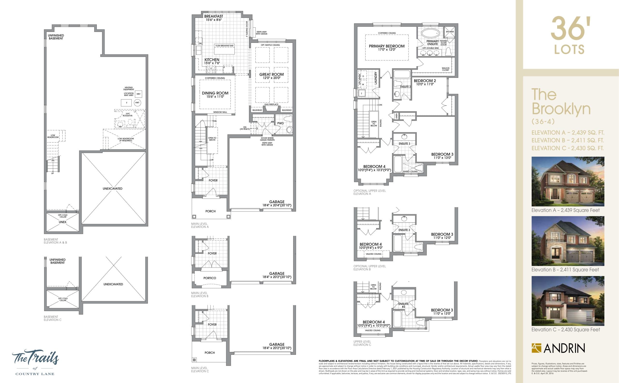The Brooklyn 36' Floor Plan at The Trails of Country Lane Towns - 2439 sq.ft