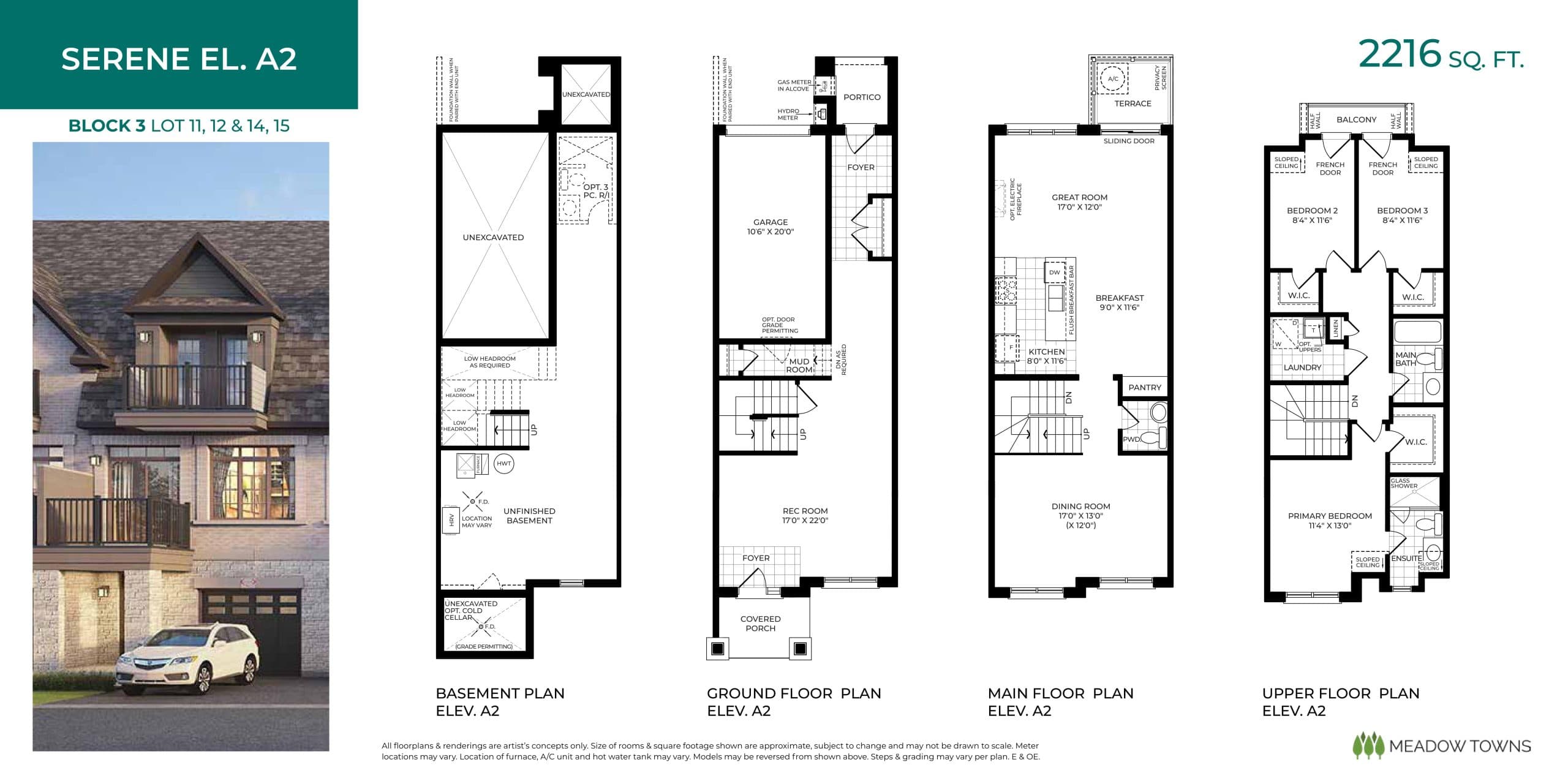 Serene El. A2 Floor Plan at Meadow Towns - 2216 sq.ft