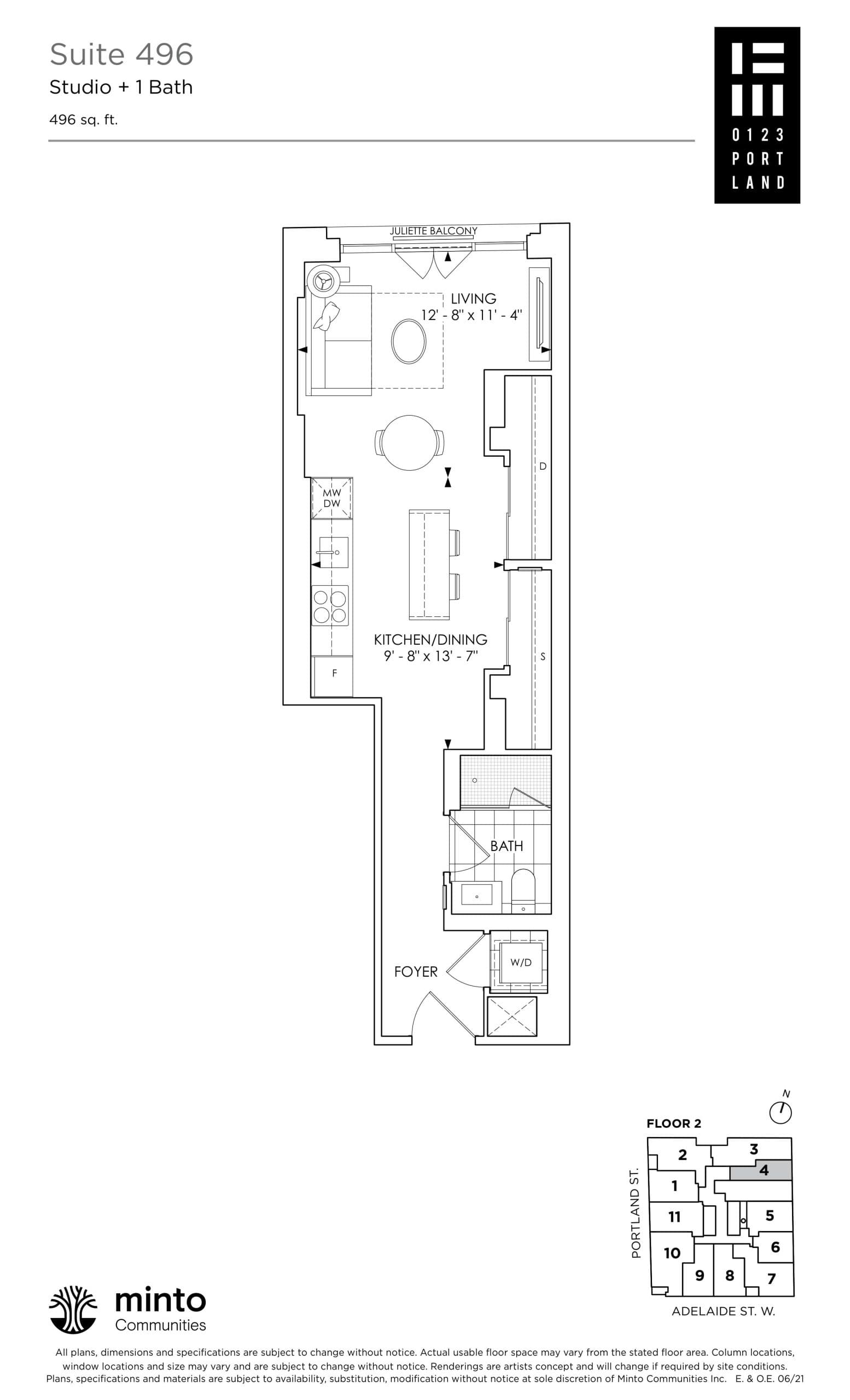 Suite 496 Floor Plan at 123 Portland Condos - 496 sq.ft