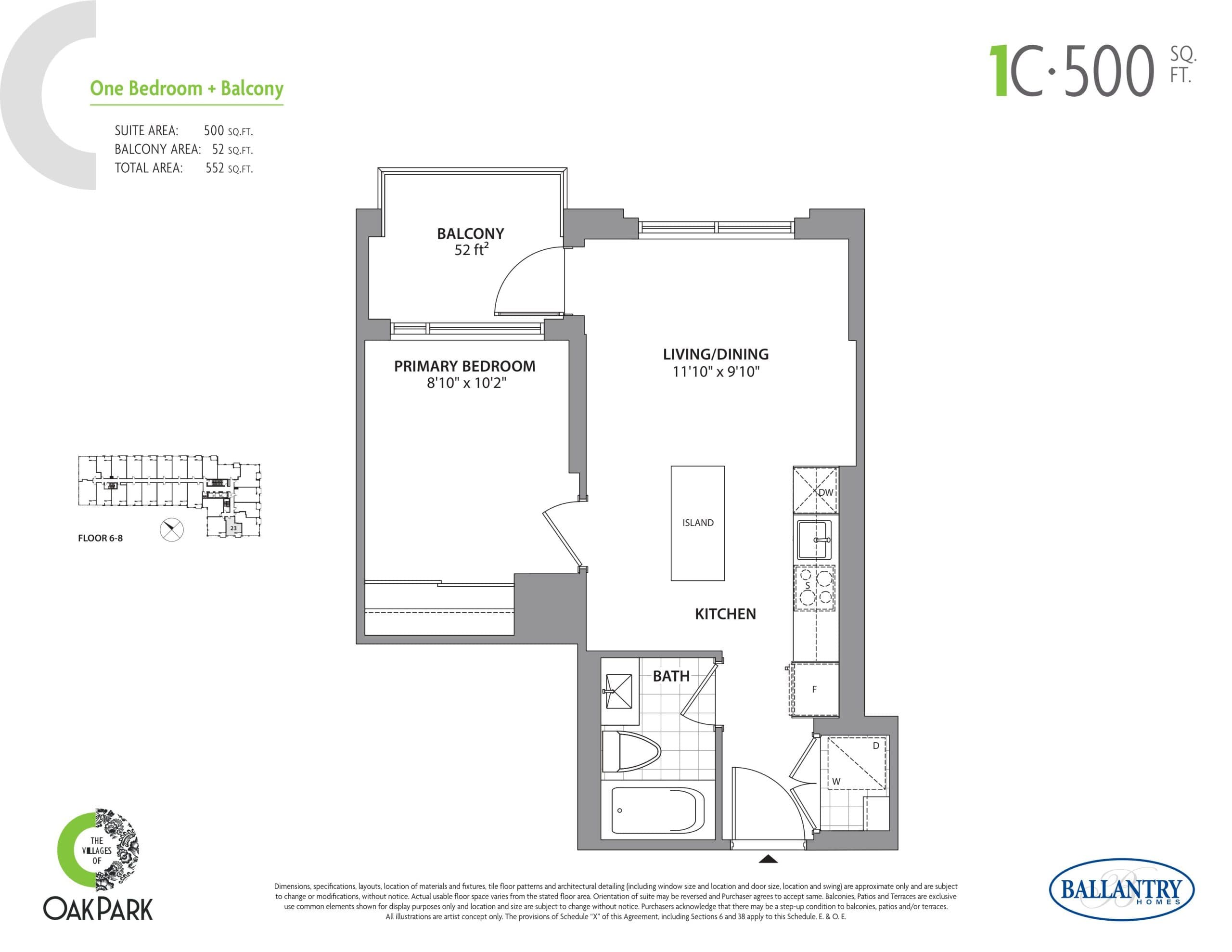 1C Floor Plan at The Villages of Oak Park Condos - 500 sq.ft