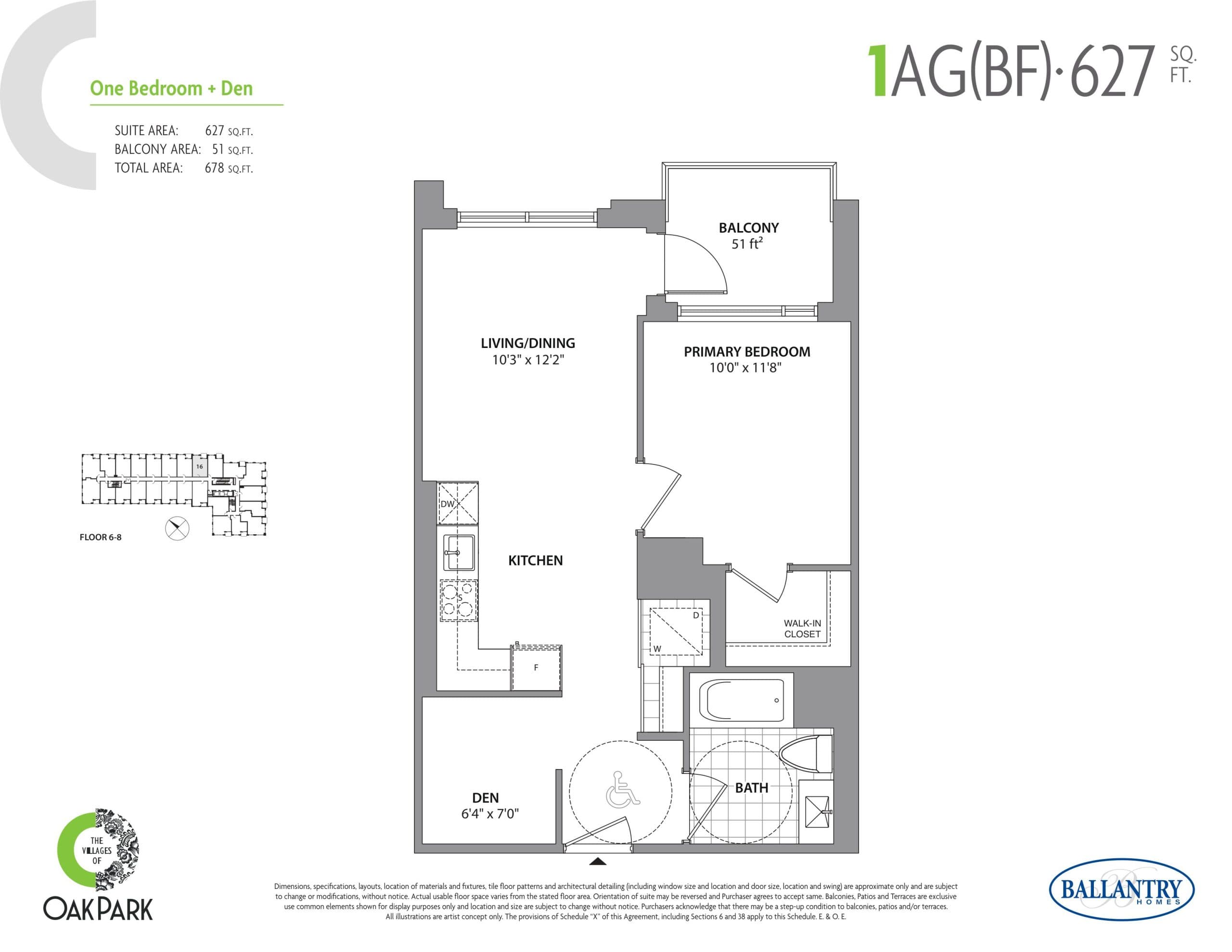 1AG (BF) Floor Plan at The Villages of Oak Park Condos - 627 sq.ft
