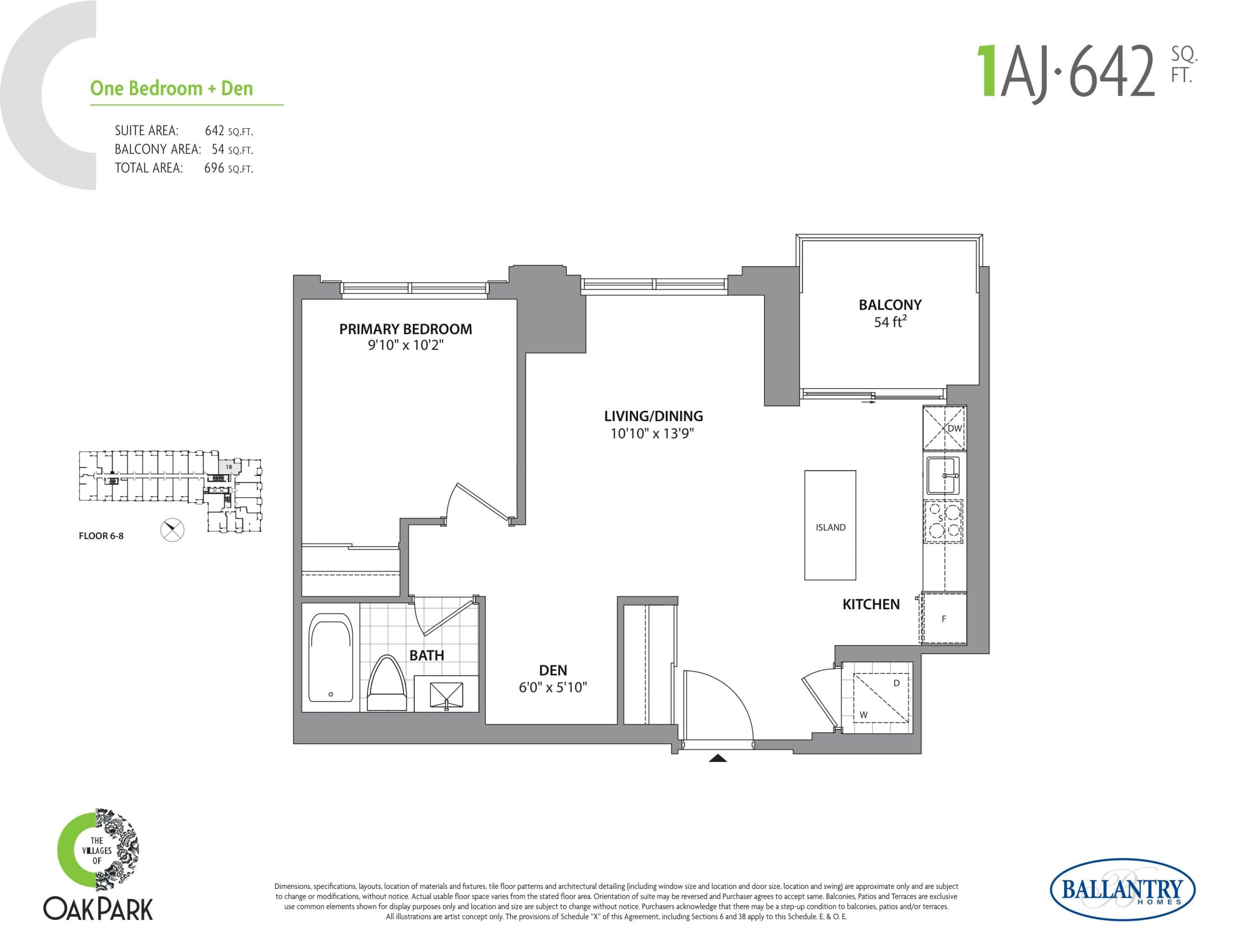 1AJ Floor Plan at The Villages of Oak Park Condos - 642 sq.ft