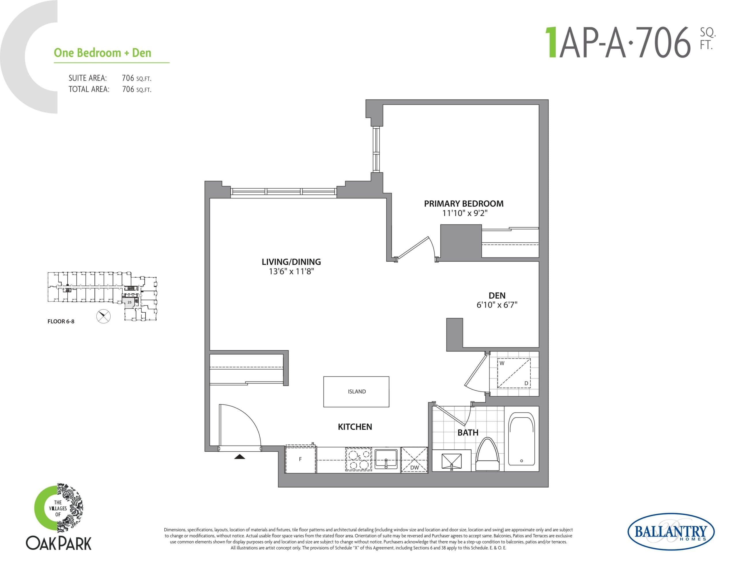 1AP-A Floor Plan at The Villages of Oak Park Condos - 706 sq.ft