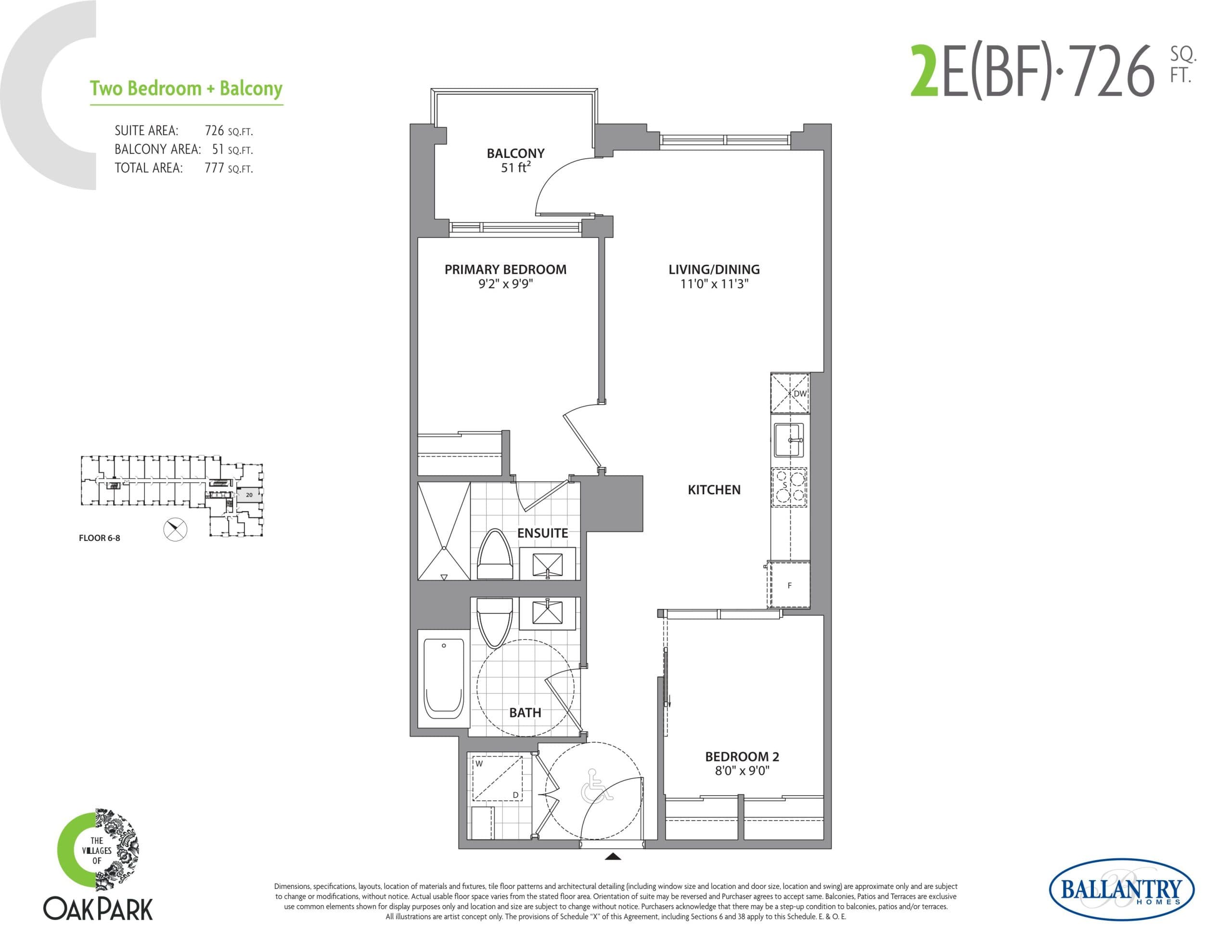 2E (BF) Floor Plan at The Villages of Oak Park Condos - 726 sq.ft