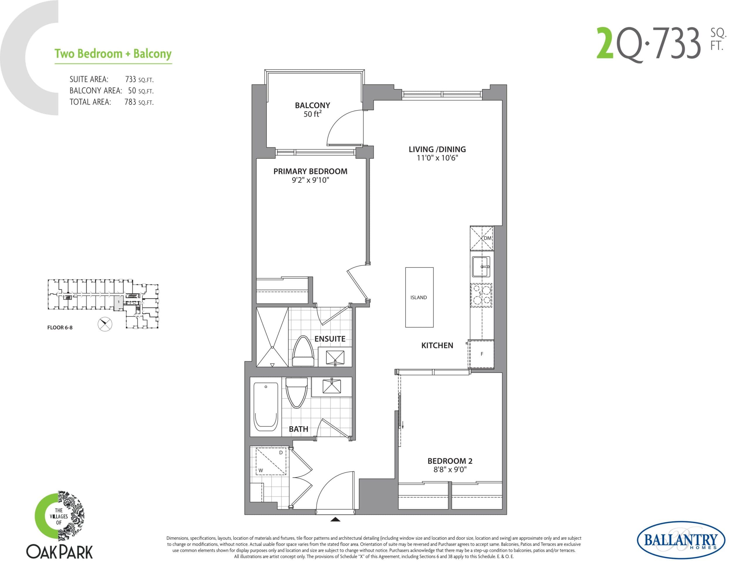 2Q Floor Plan at The Villages of Oak Park Condos - 733 sq.ft