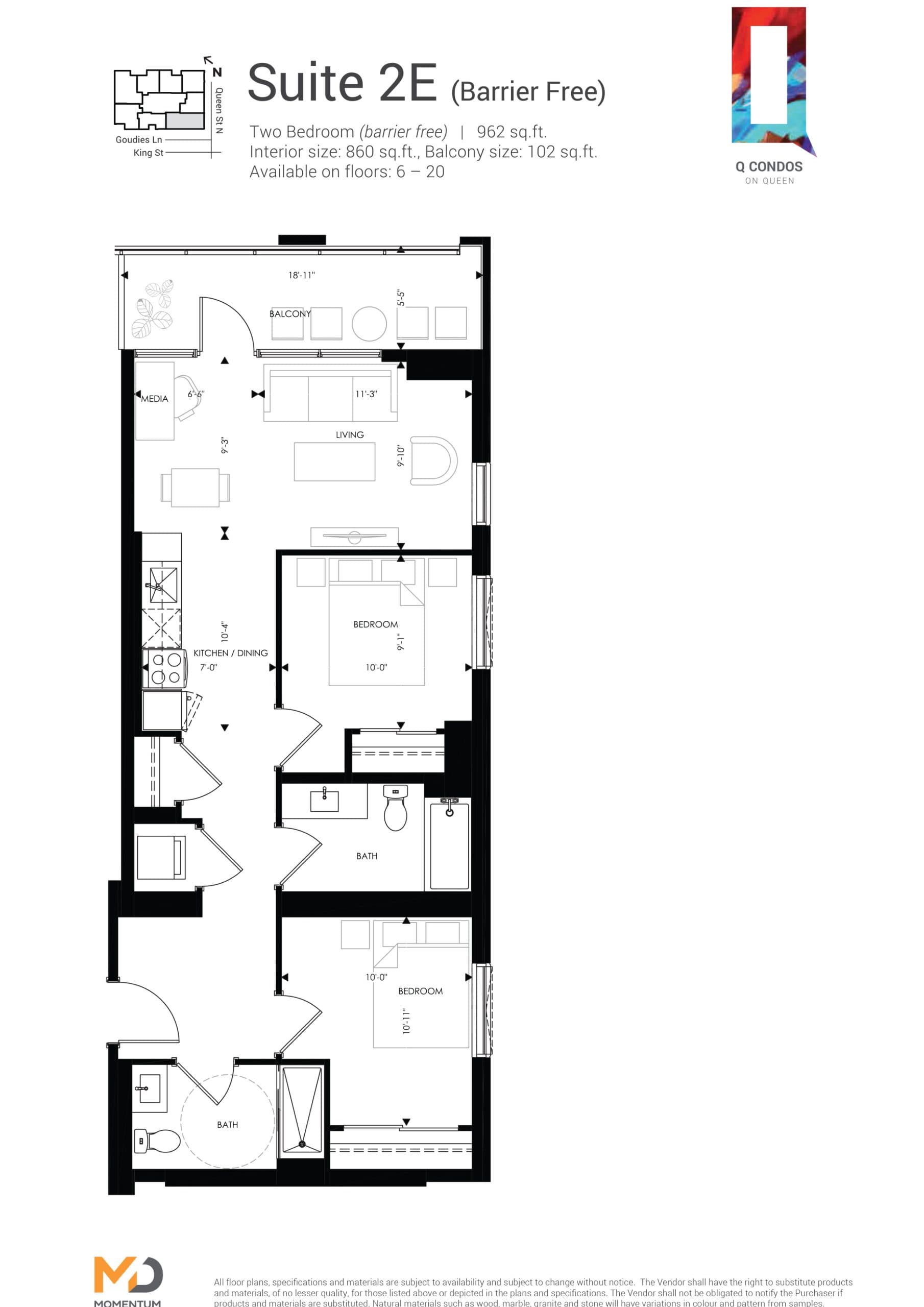 Suite 2E Floor Plan at Q Condos - 860 sq.ft