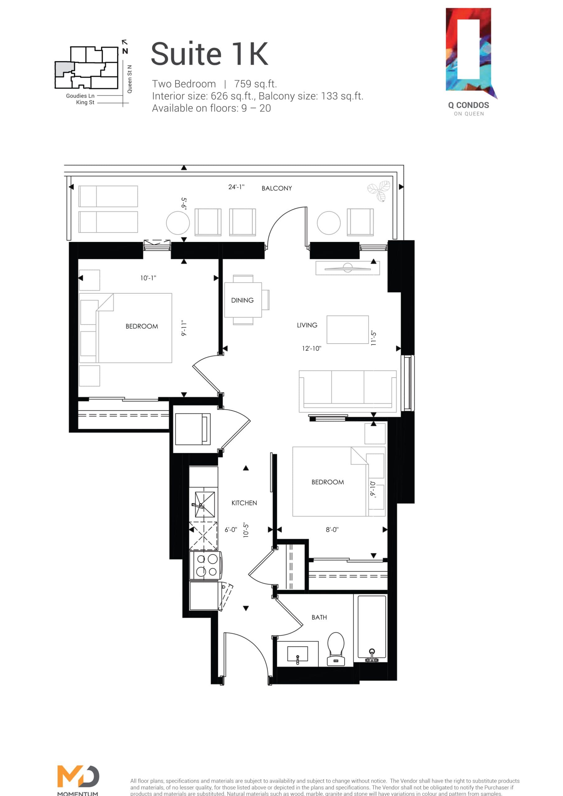 Suite 1K Floor Plan at Q Condos - 626 sq.ft
