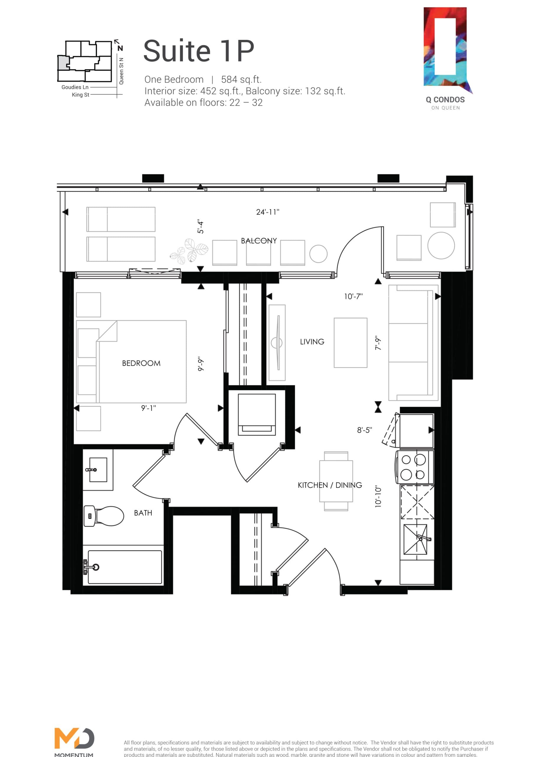 Suite 1P Floor Plan at Q Condos - 452 sq.ft