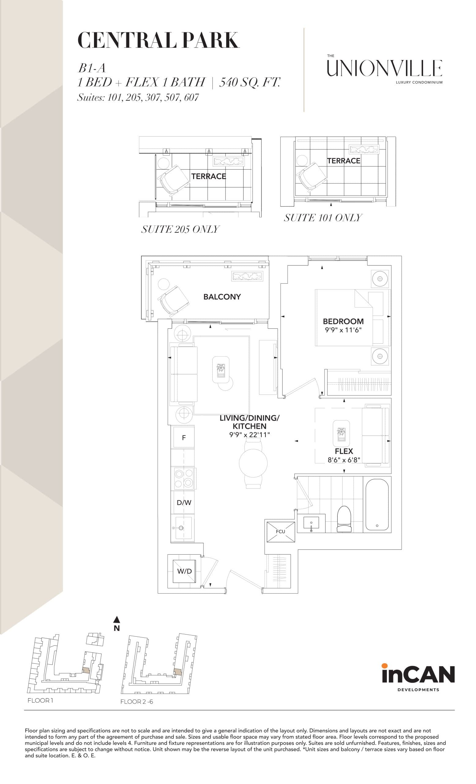 Central Park B1-A Floor Plan at The Unionville Condos - 540 sq.ft