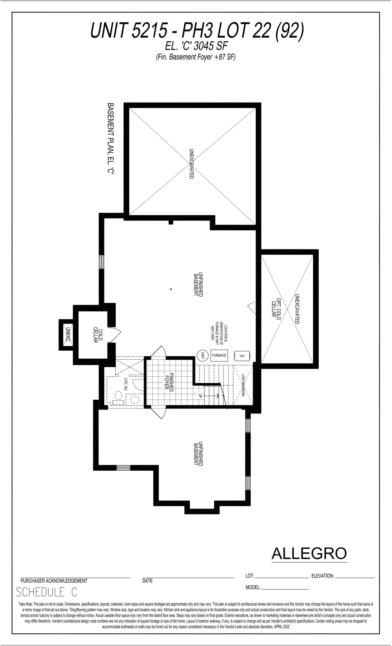 Unit 5215 - PH3 Lot 22 (Basement) Floor Plan at Allegro Phase 3 - 3045 sq.ft