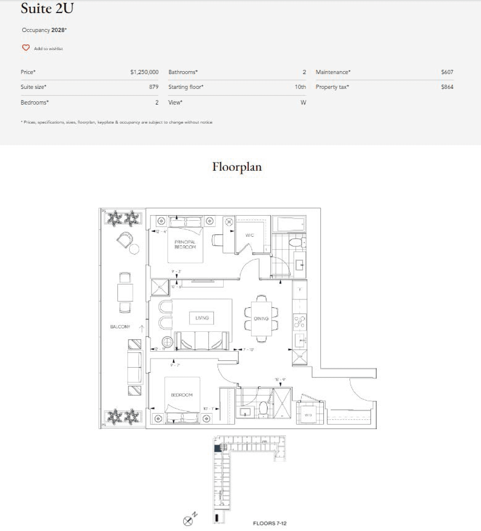 Suite 2U Floor Plan at Harbourwalk at Lakeview Village Condos - 879 sq.ft