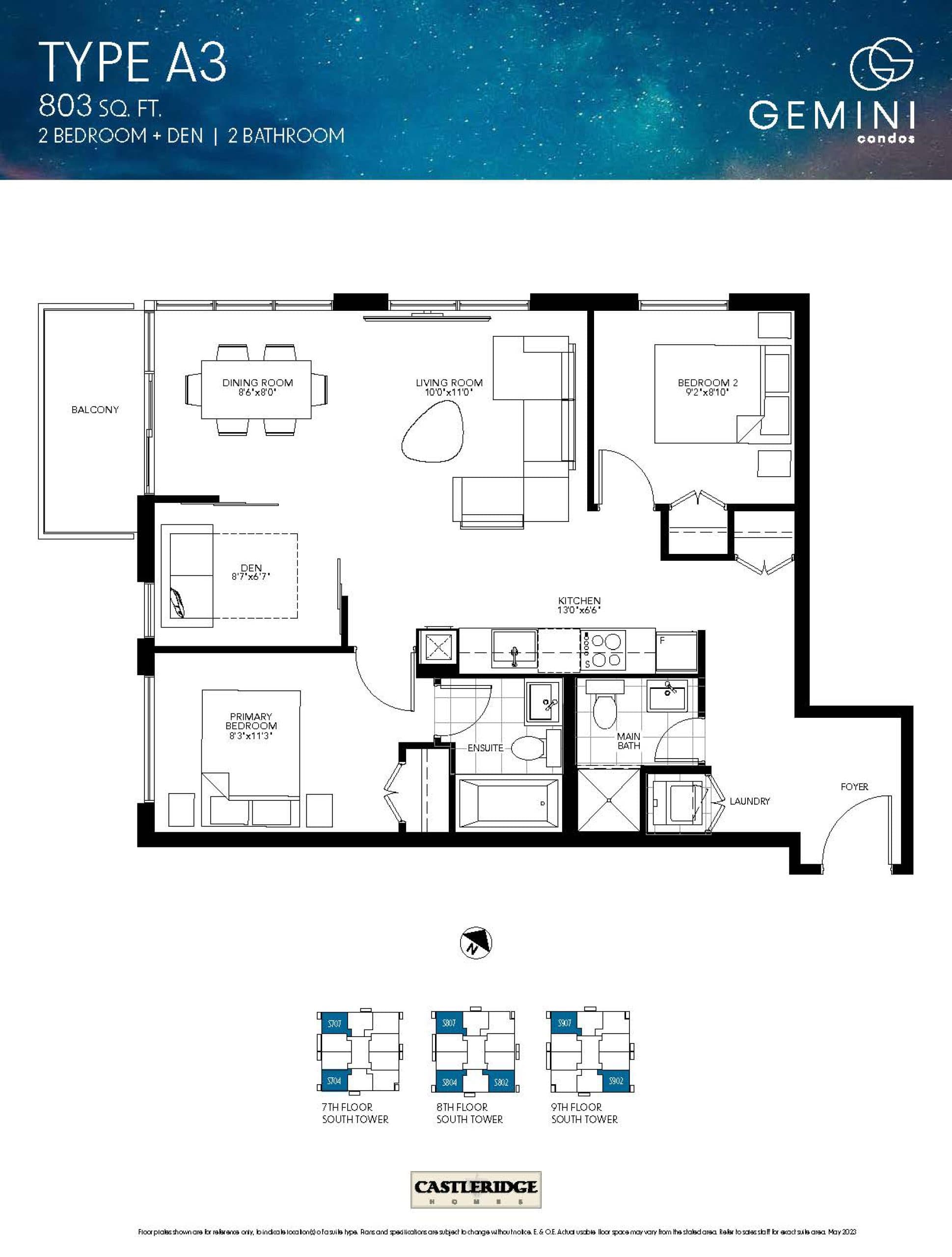Type A3 Floor Plan at Gemini Condos South Tower - 803 sq.ft