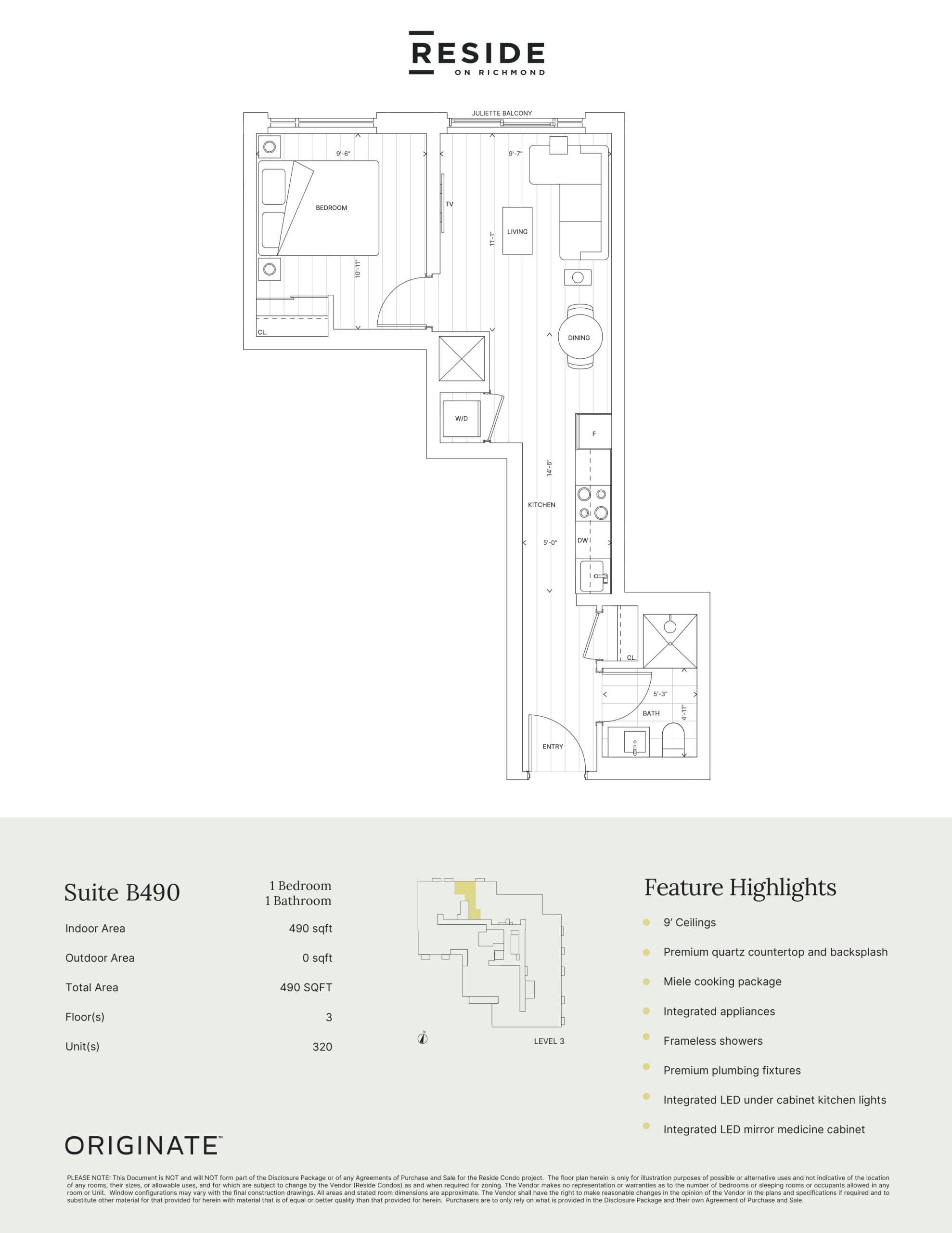 Suite B490 Floor Plan at Reside on Richmond Condos - 490 sq.ft