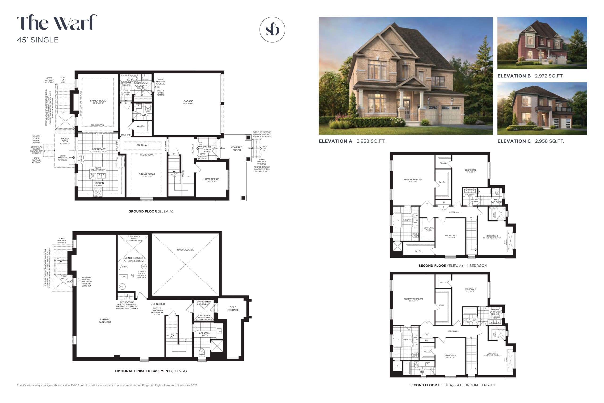 The Warf Floor Plan at South Barrie Towns by Aspen Ridge Homes - 2958 sq.ft