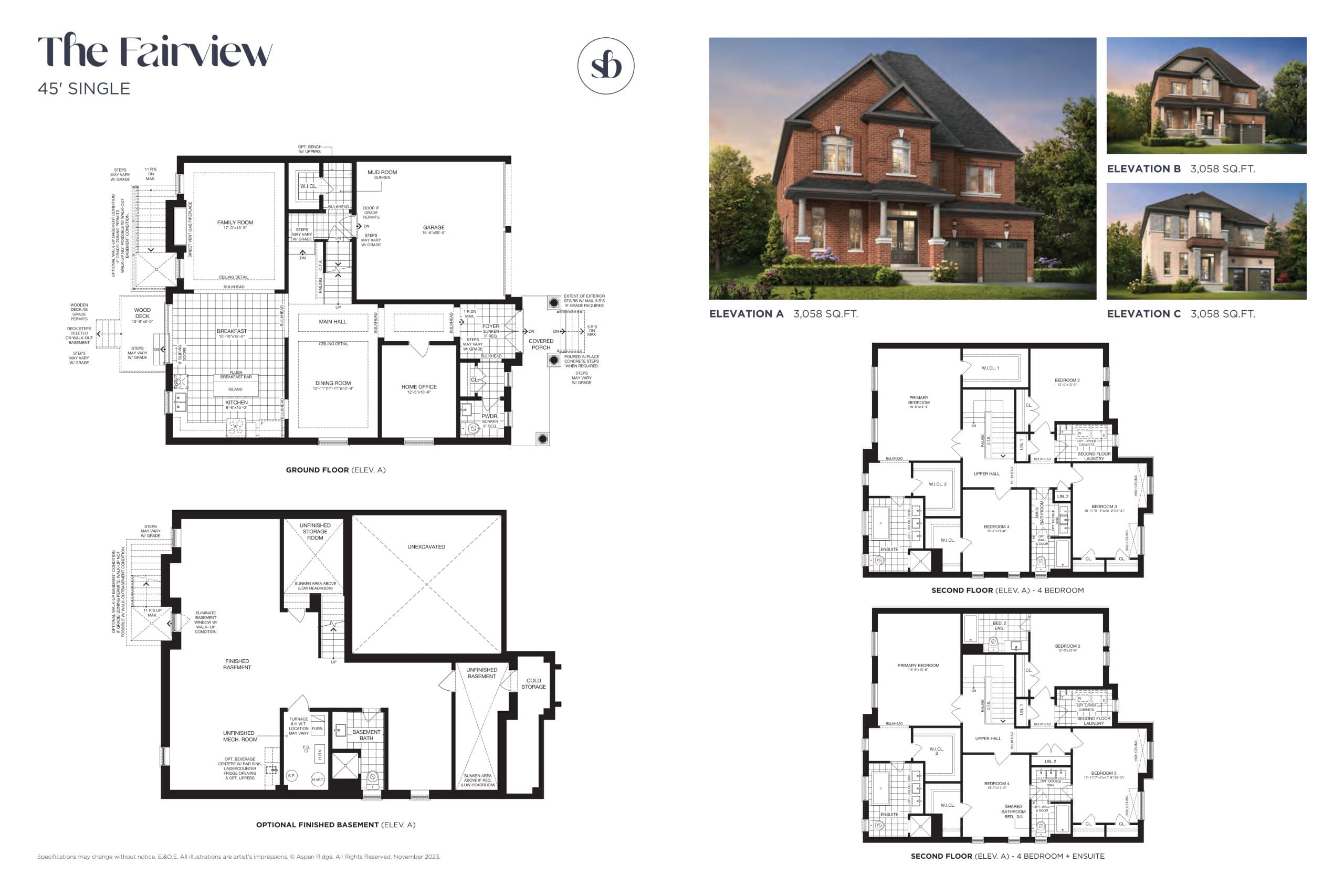 The Fairview Floor Plan at South Barrie Towns by Aspen Ridge Homes - 3058 sq.ft