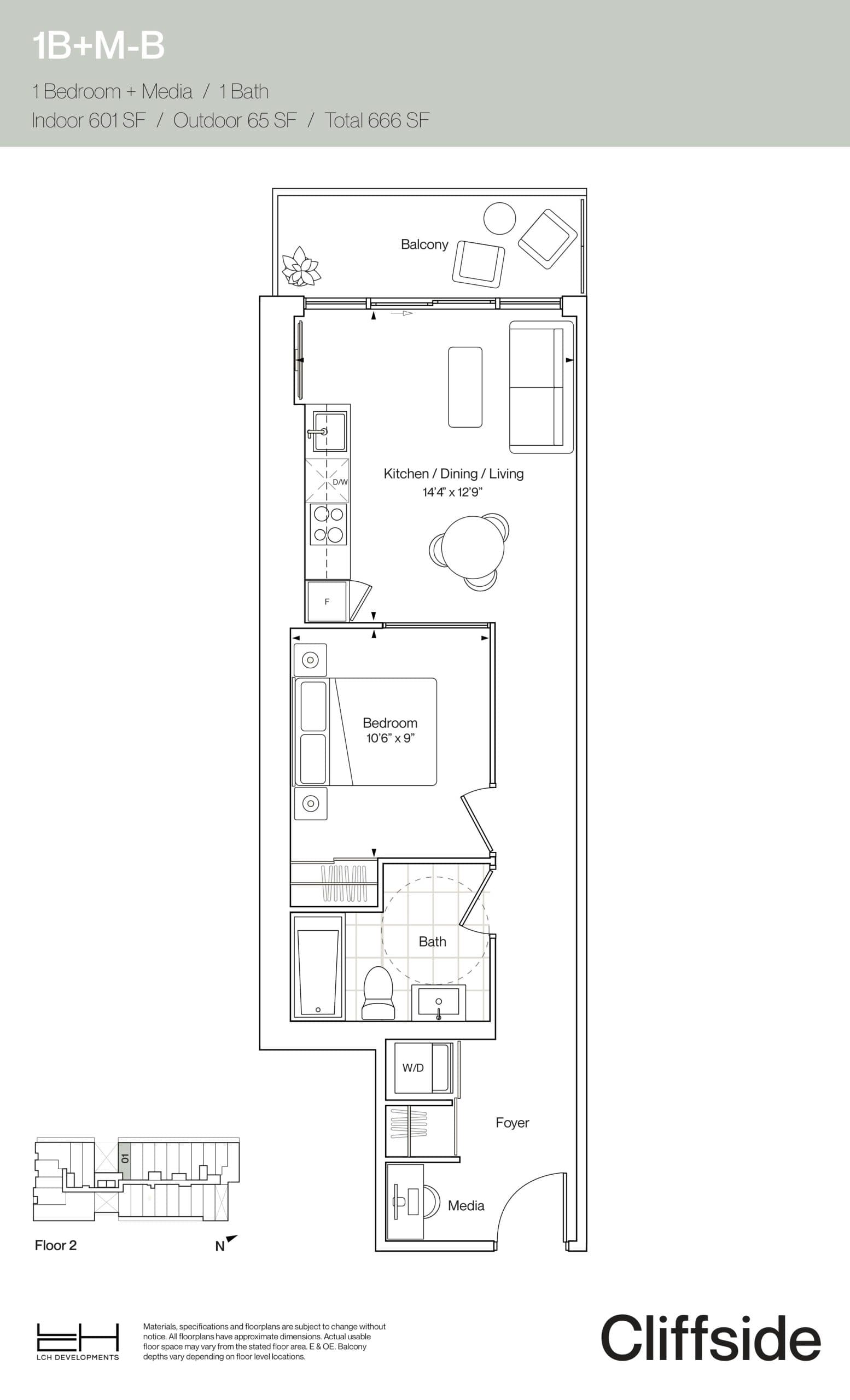 1B+M-B Floor Plan at Cliffside Condos - 601 sq.ft