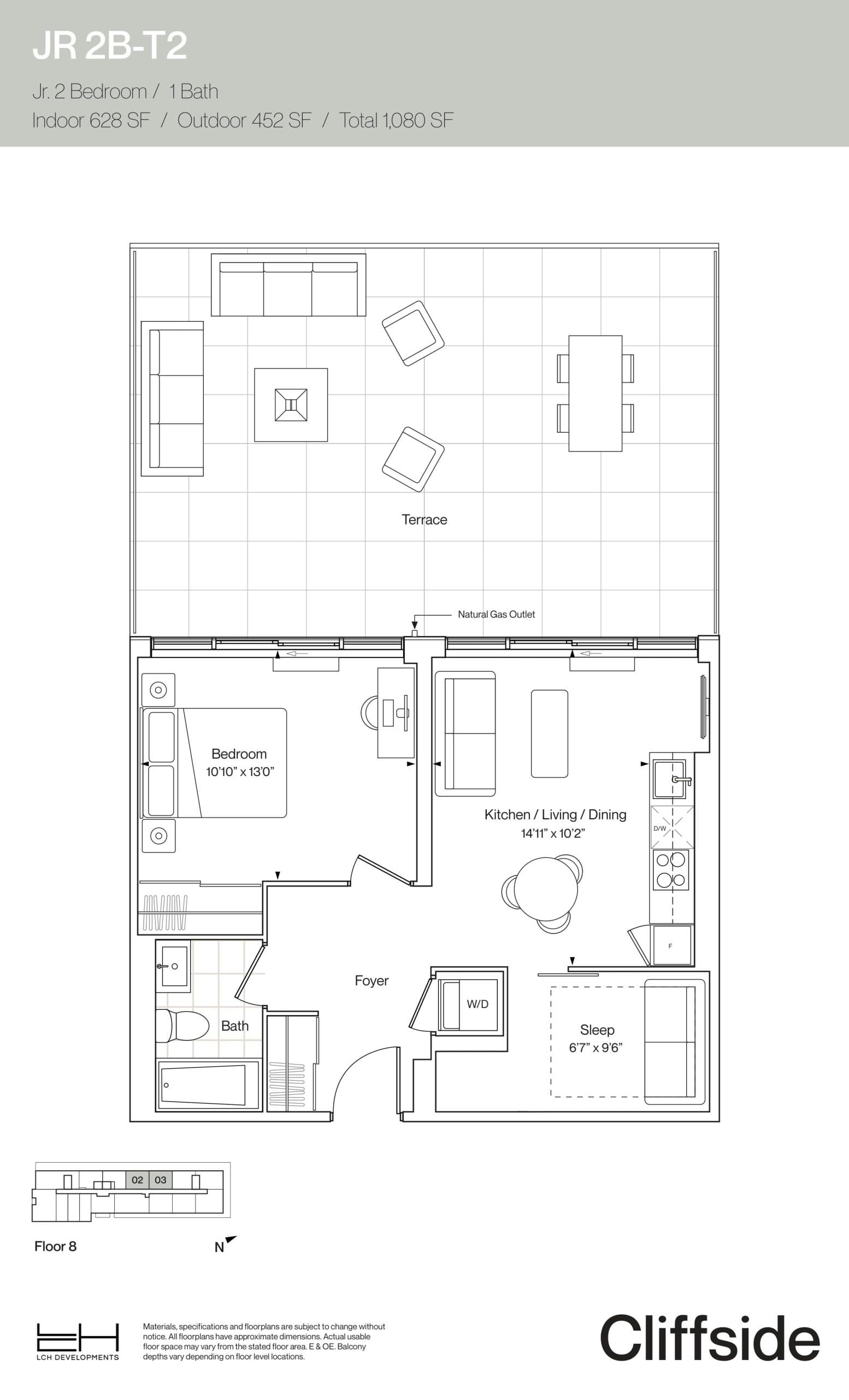 JR 2B-T2 Floor Plan at Cliffside Condos - 628 sq.ft