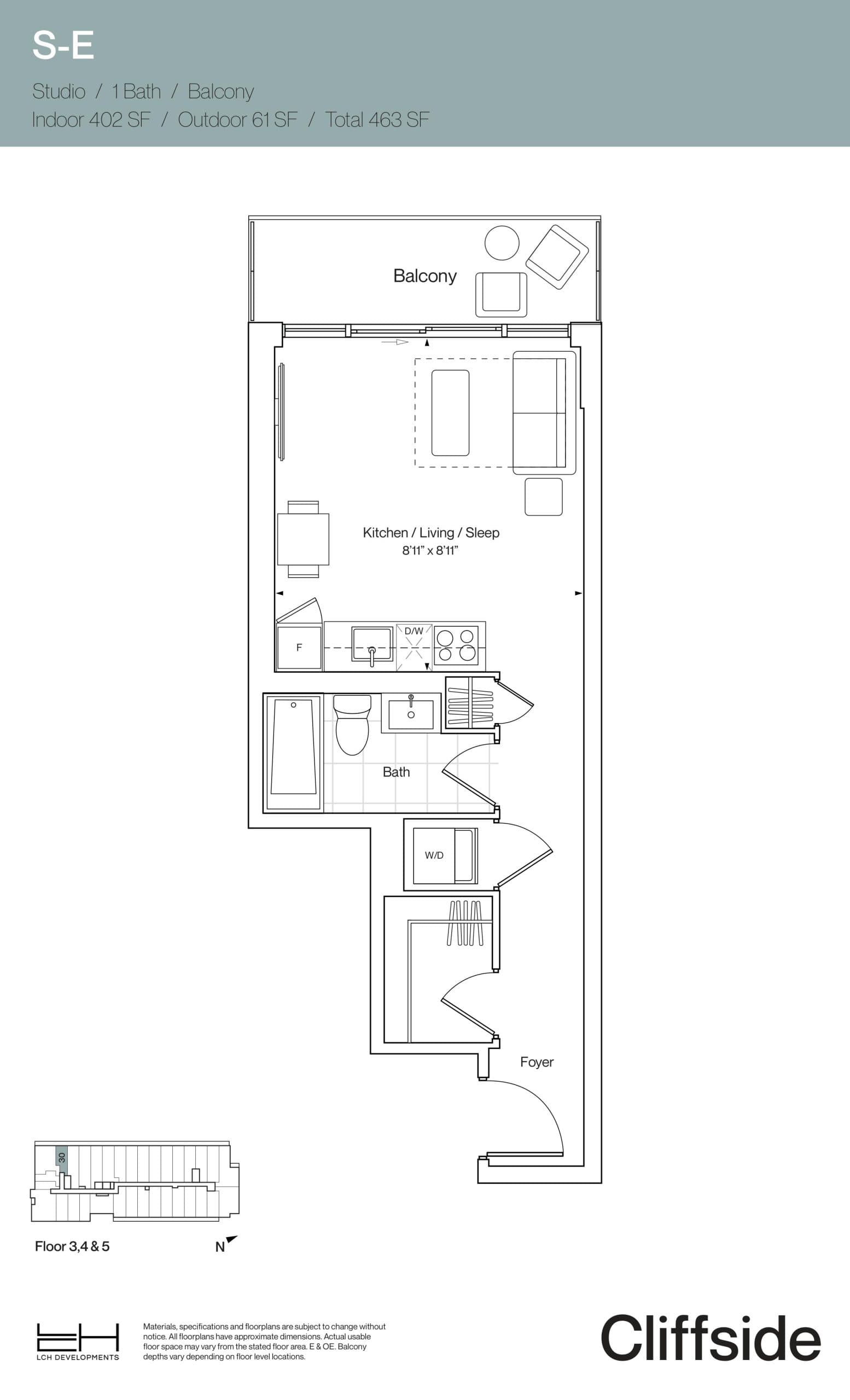 S-E Floor Plan at Cliffside Condos - 402 sq.ft