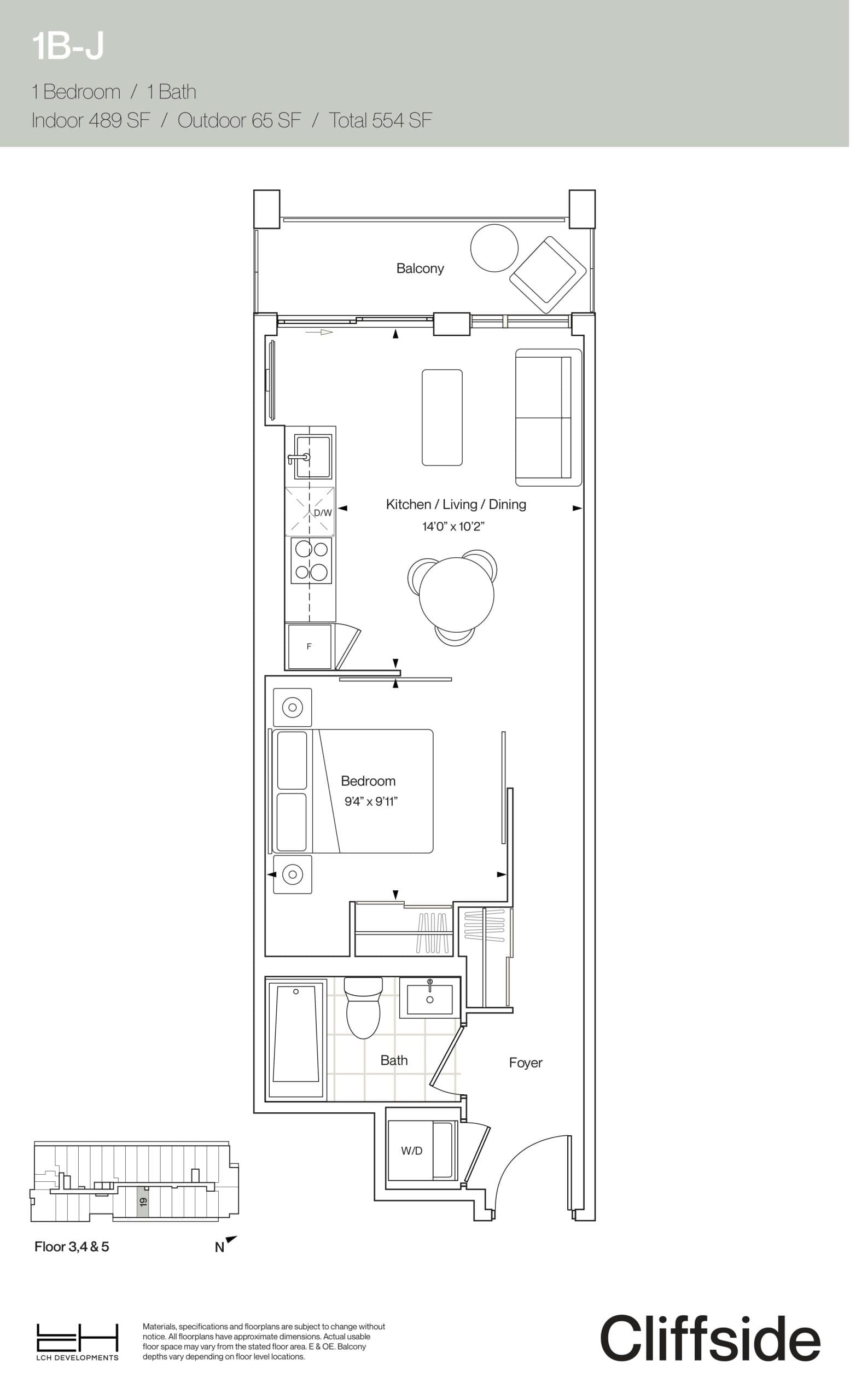 1B-J Floor Plan at Cliffside Condos - 489 sq.ft