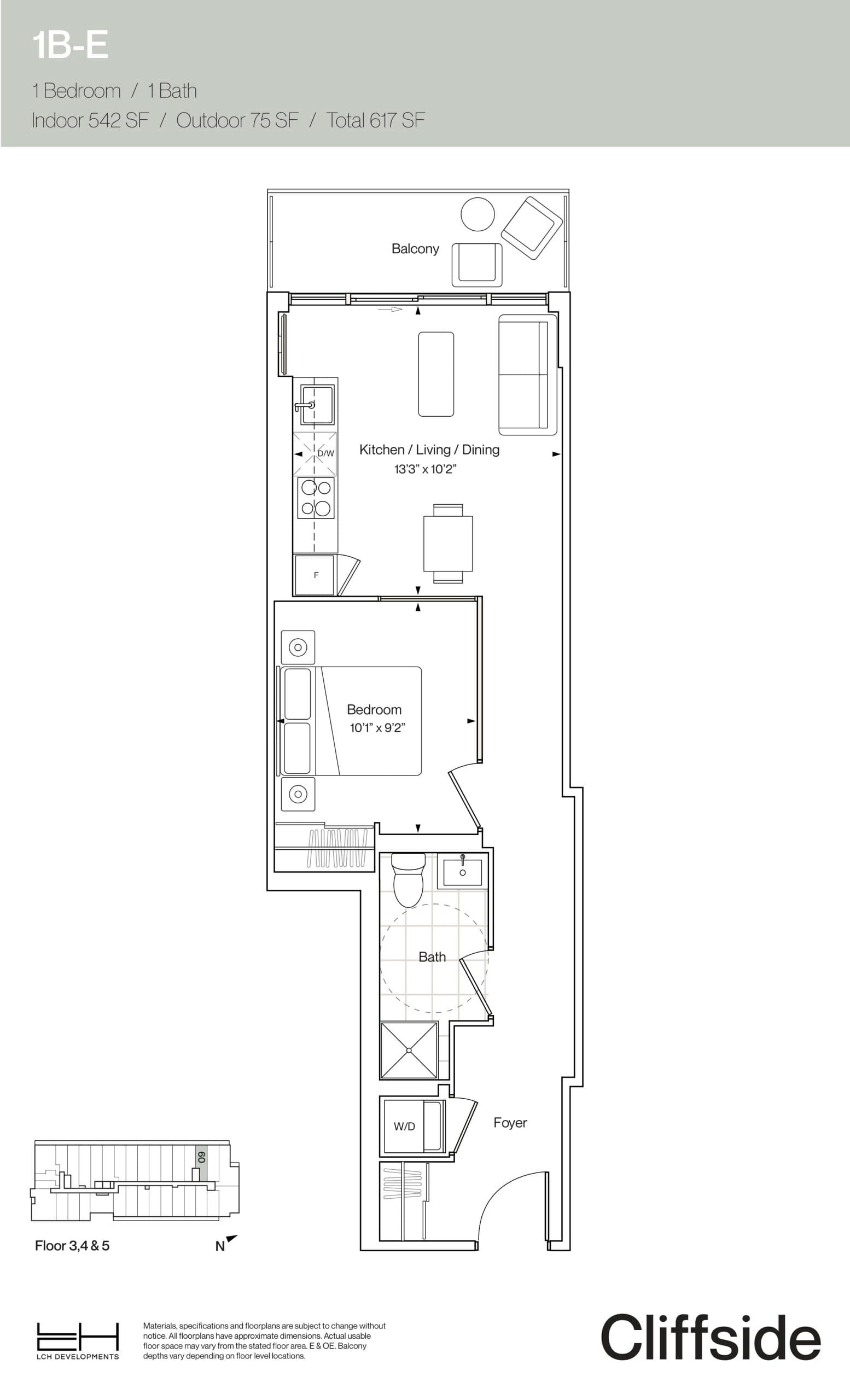 1B-E Floor Plan at Cliffside Condos - 542 sq.ft