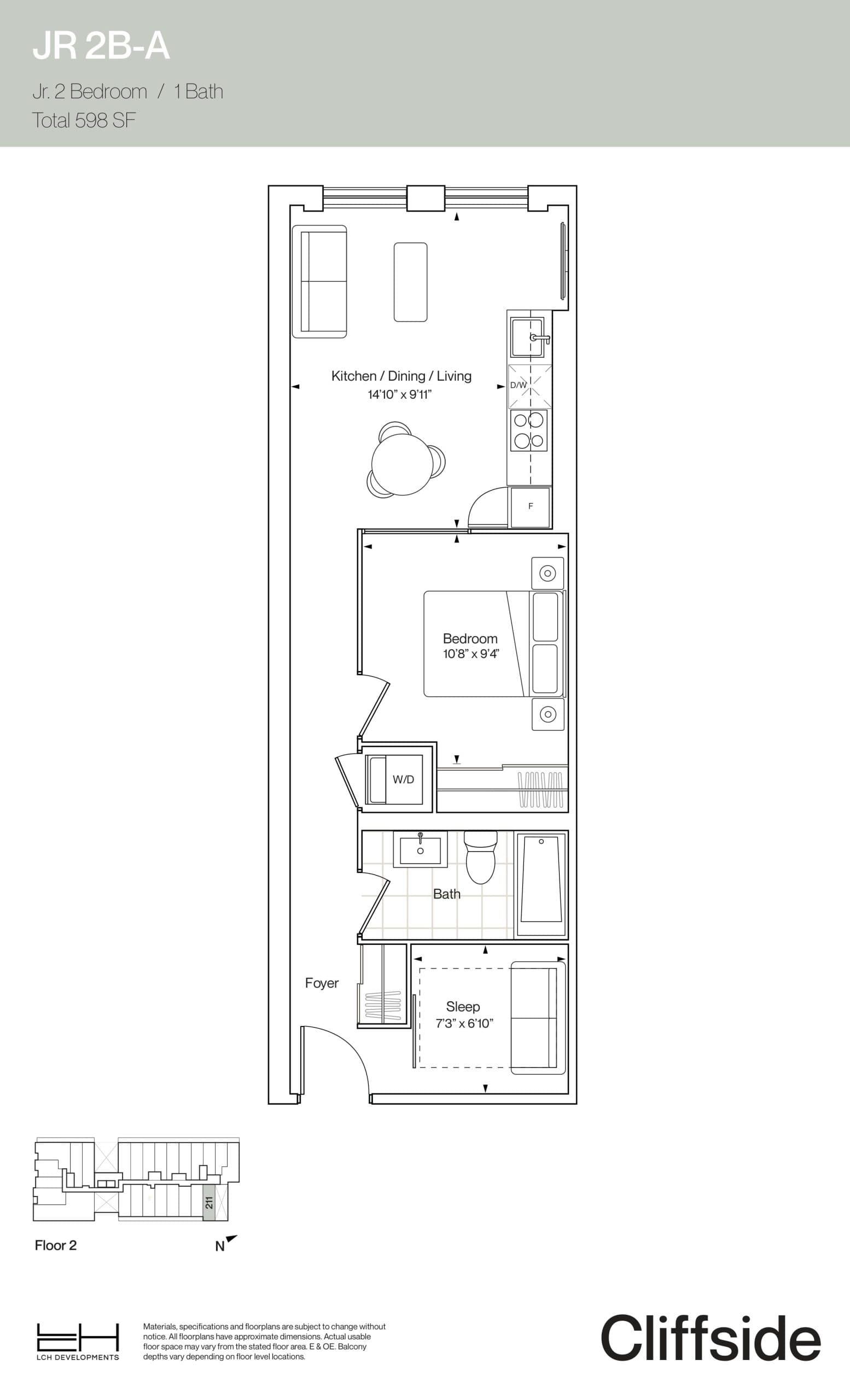 JR 2B-A Floor Plan at Cliffside Condos - 598 sq.ft