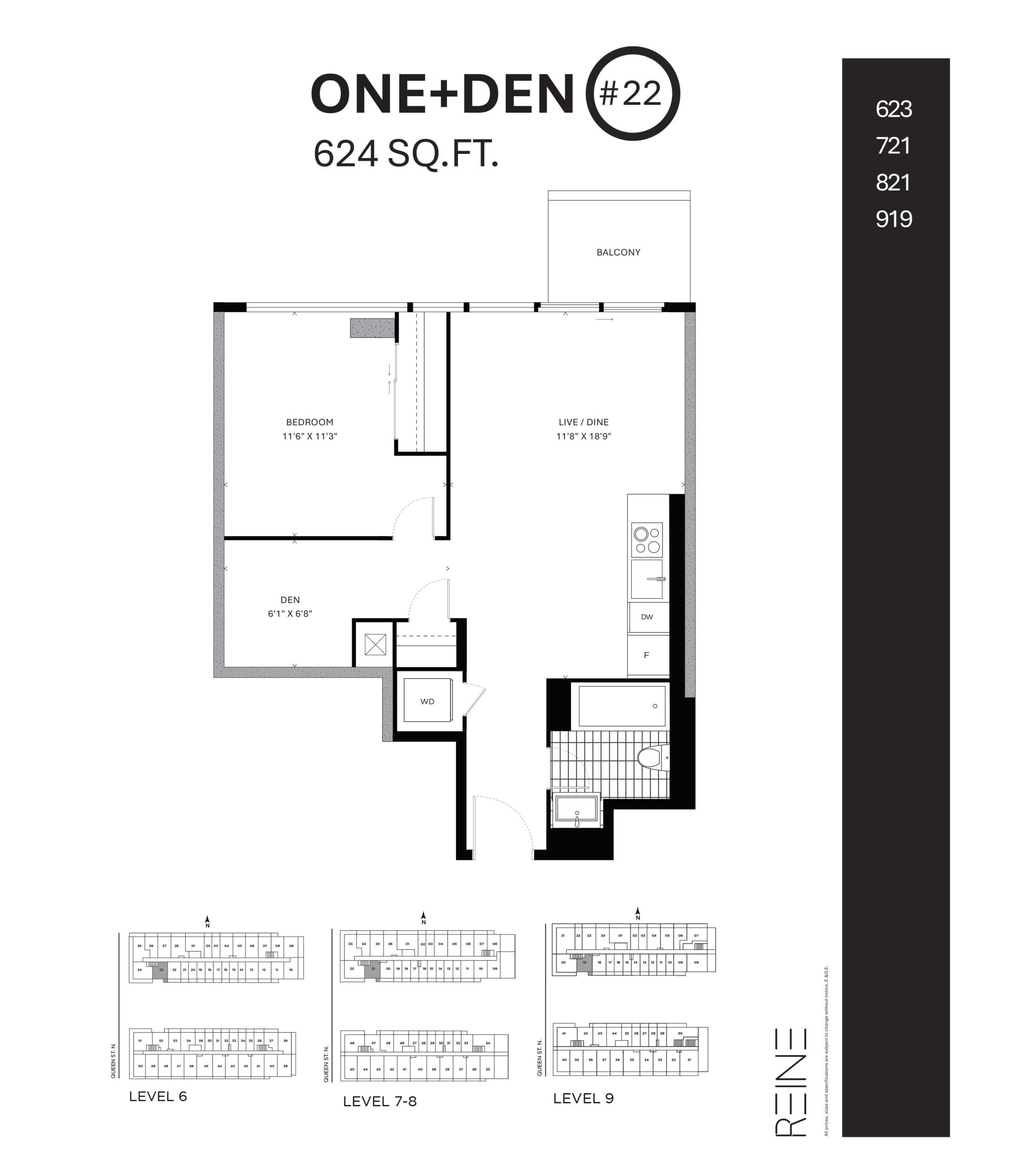 One+Den #22 Floor Plan at Reine Condos - 624 sq.ft