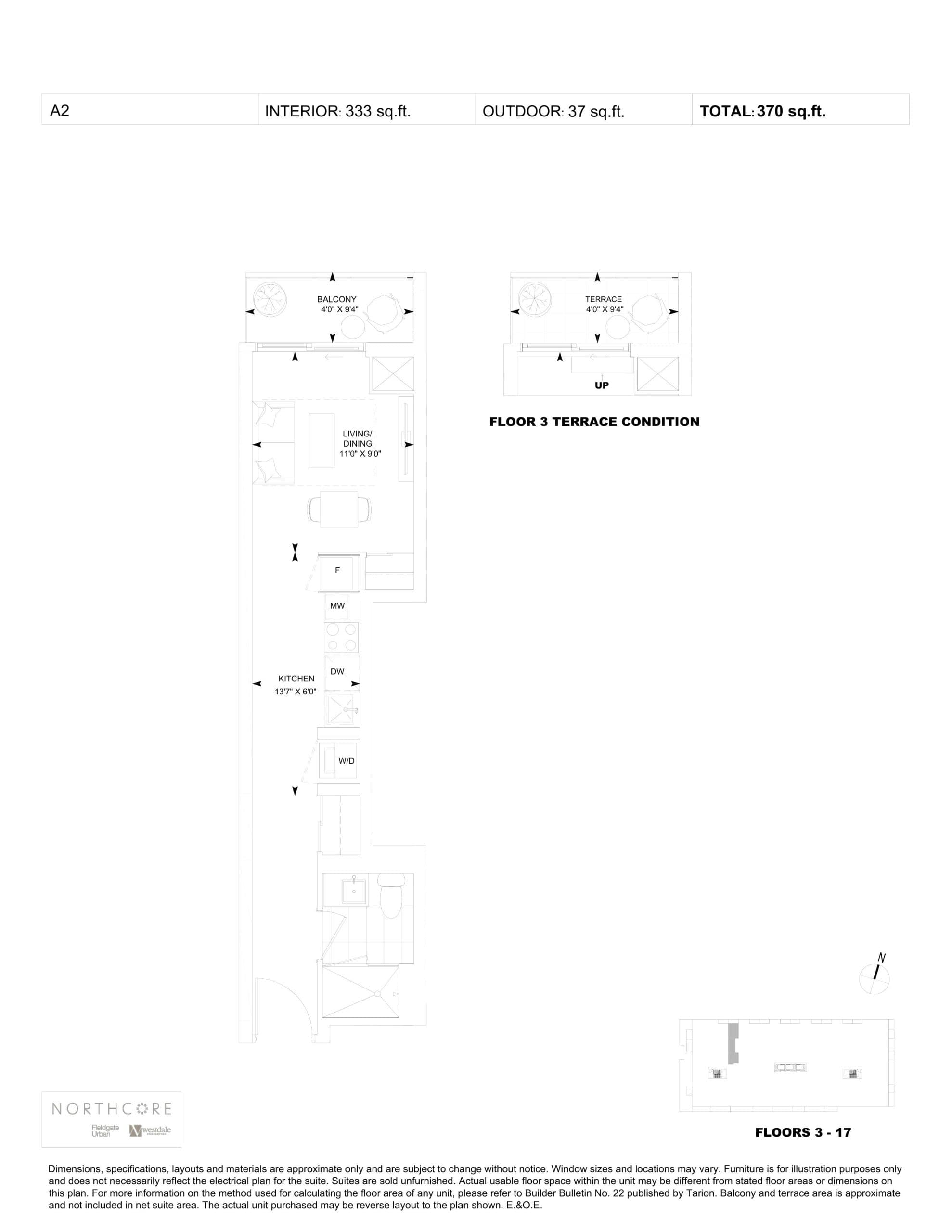 A2 Floor Plan at NorthCore Condos - 333 sq.ft
