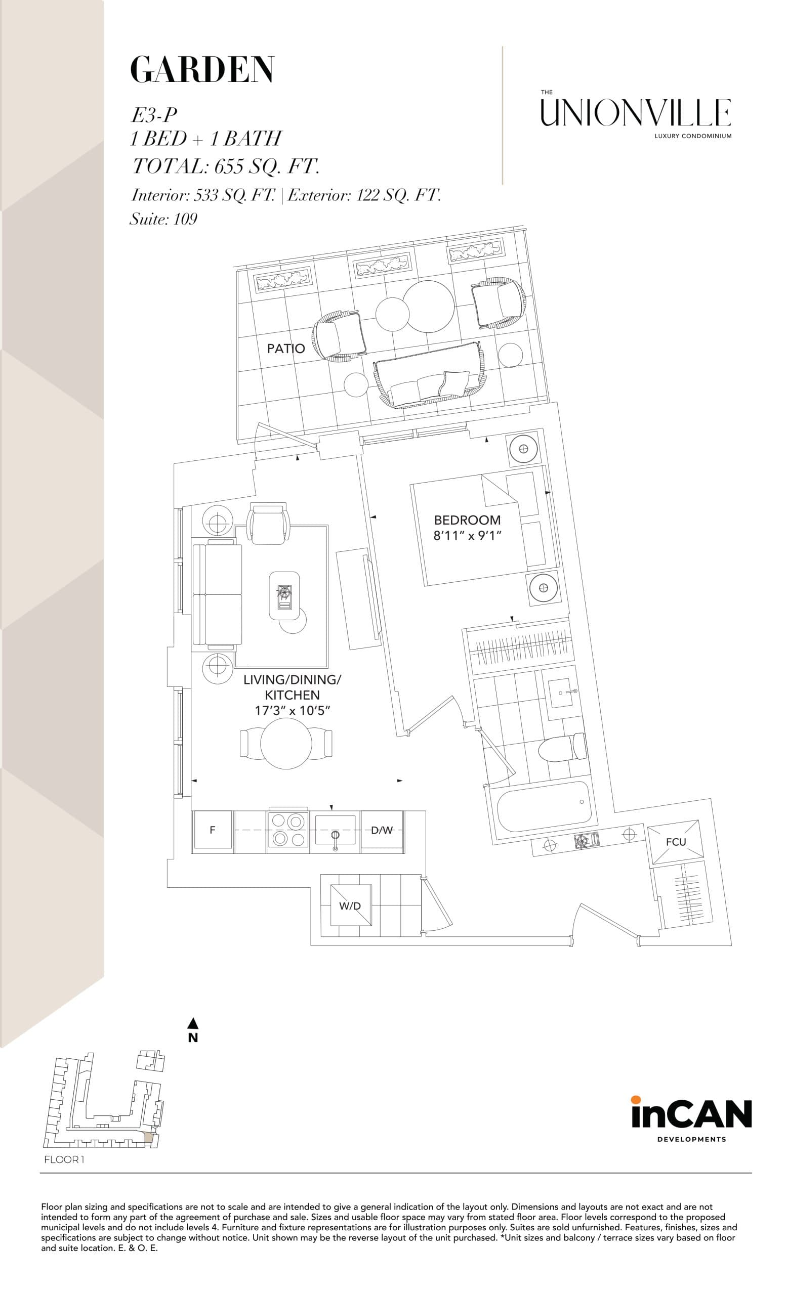 Garden E3-P (Terrazza Collection) Floor Plan at The Unionville Condos - 533 sq.ft