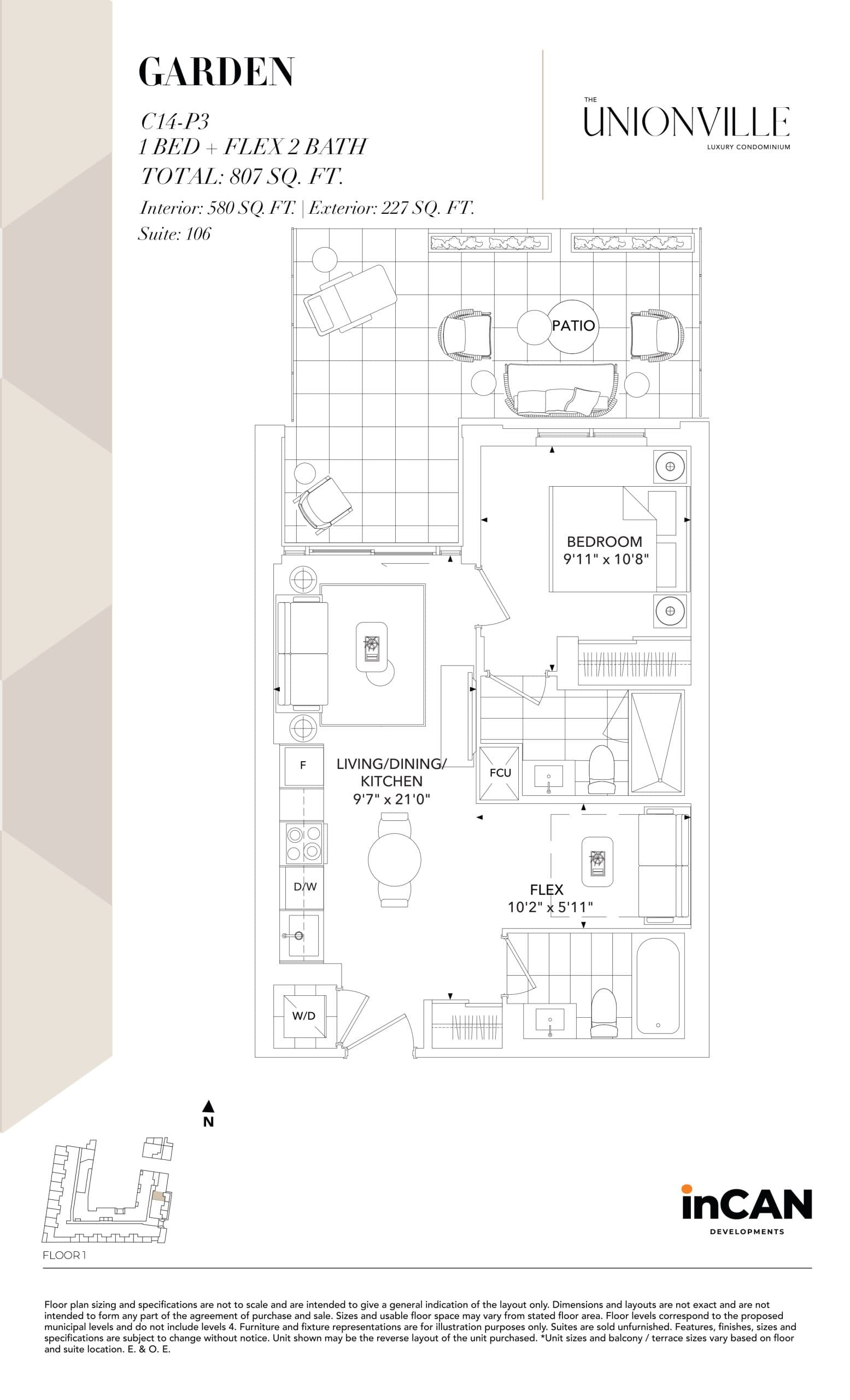 Garden C14-P3 (Terrazza Collection) Floor Plan at The Unionville Condos - 580 sq.ft