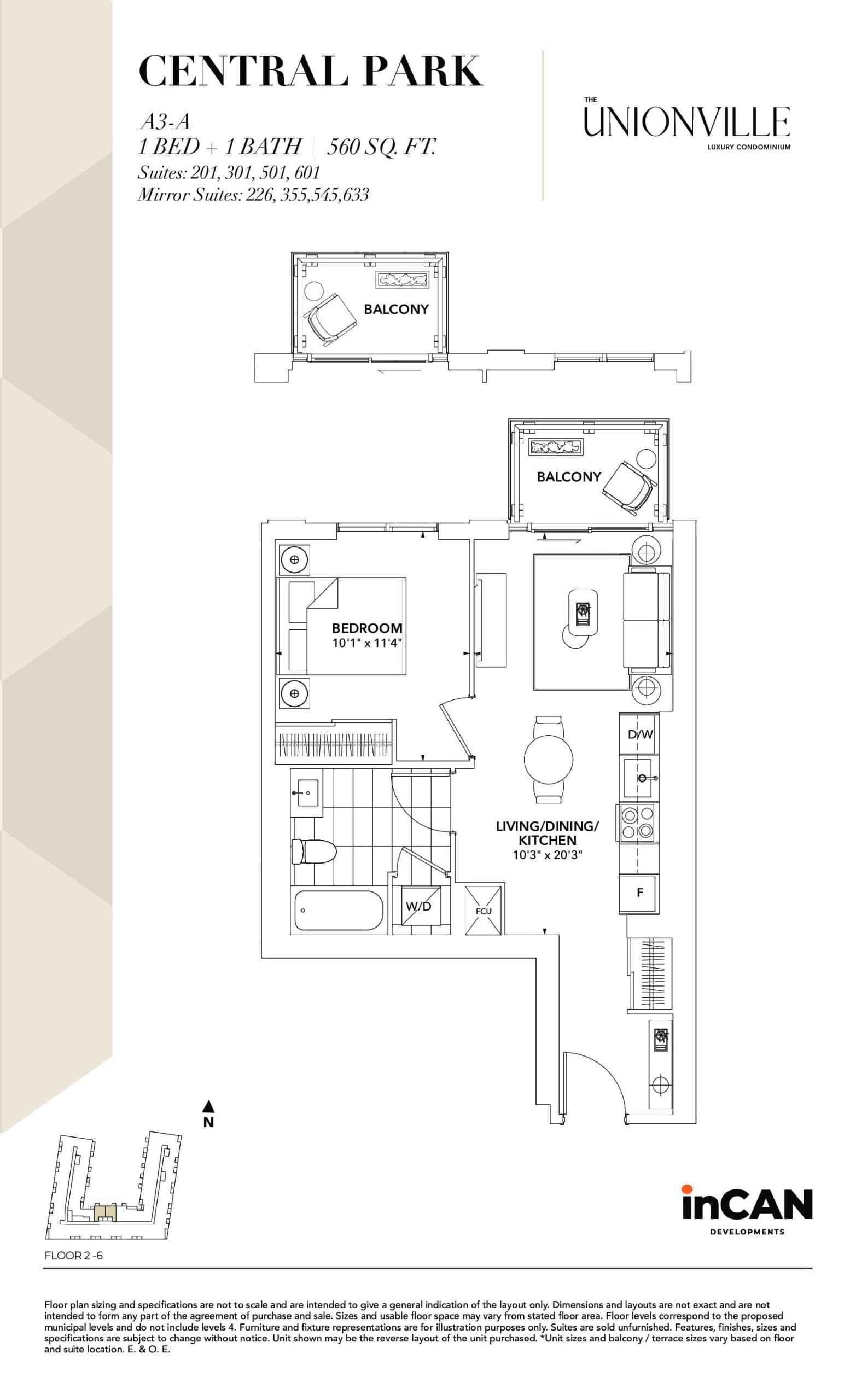 Central Park A3-A Floor Plan at The Unionville Condos - 560 sq.ft